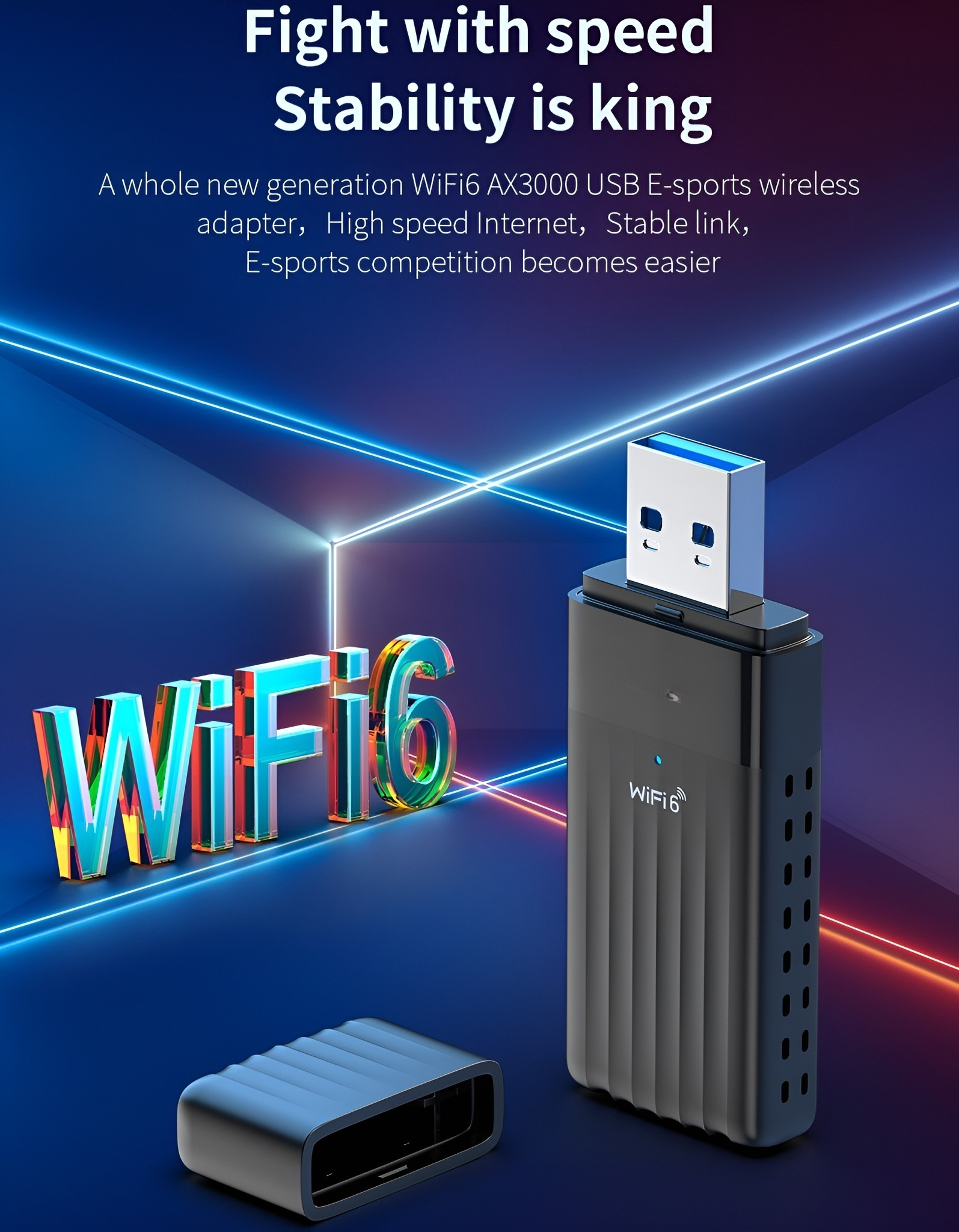 Ein schwarzer Wi-Fi 6 USB-Adapter mit abgenommenem schwarzem Deckel auf blauem Gradientenhintergrund.