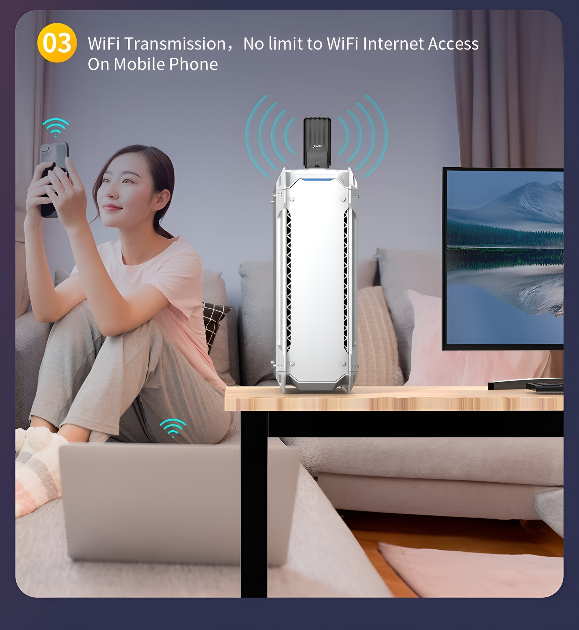 Eine Frau benutzt ein Telefon in der Nähe eines Geräts mit Bildschirm und Router.