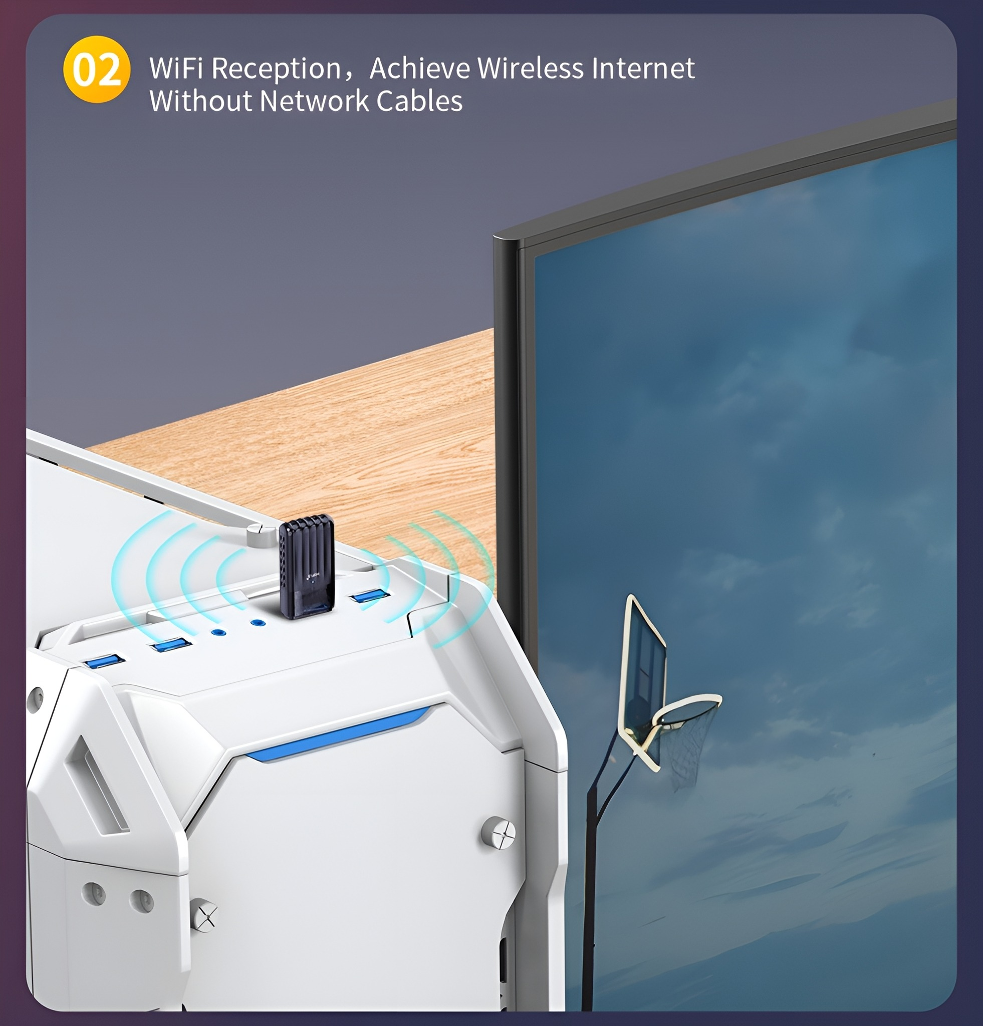 Ein weißes Computergehäuse mit einem kleinen Gerät, das ein WLAN-Signal in den Himmel sendet.