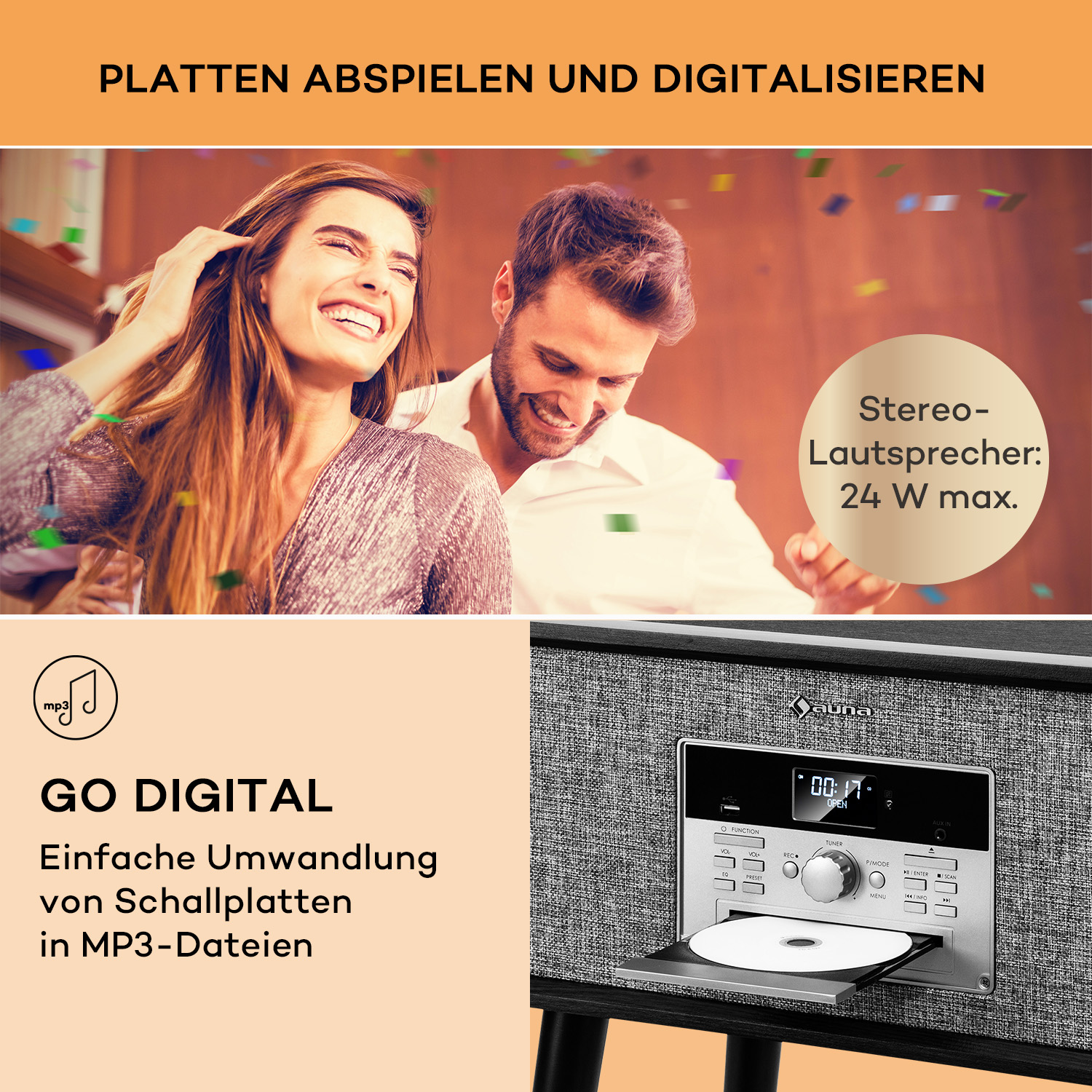 Tanzende Menschen, ein Plattenspieler und Text zur Umwandlung von Platten in MP3.