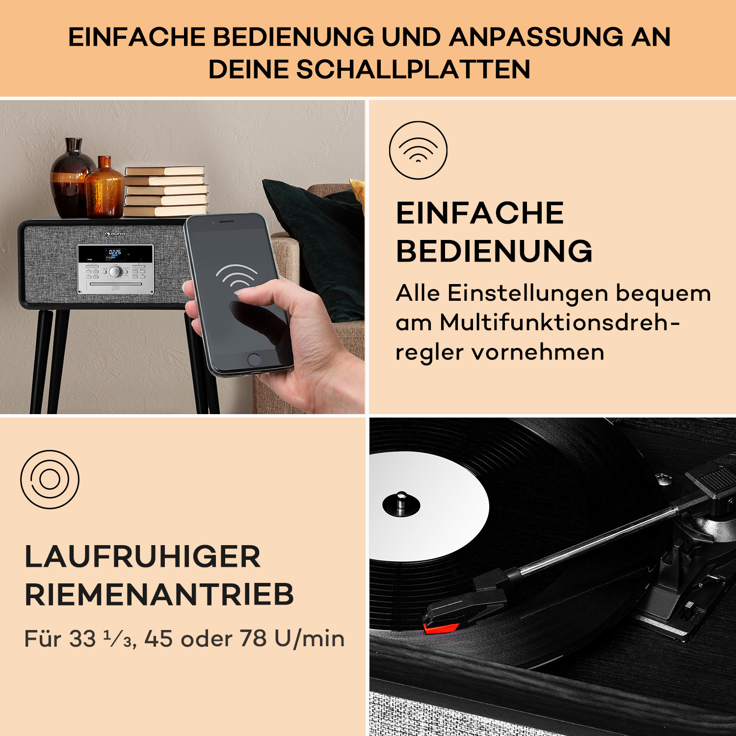 Bild zeigt eine Person, die ein Smartphone mit einer Stereoanlage und einem Plattenspieler verwendet.