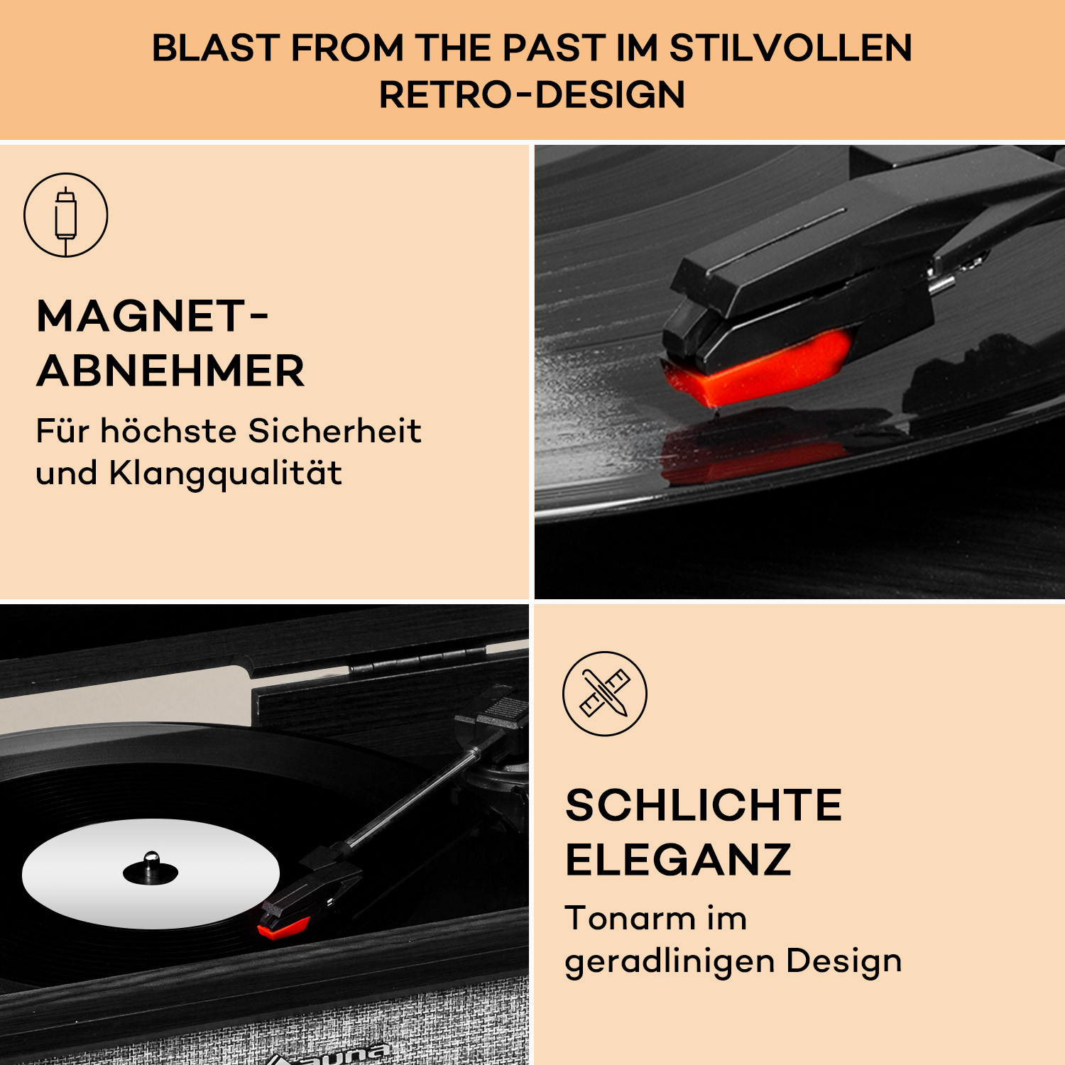 Ein Produkt mit einem Plattenspieler und Text, der Magnet und Schlichte Eleganz lautet.