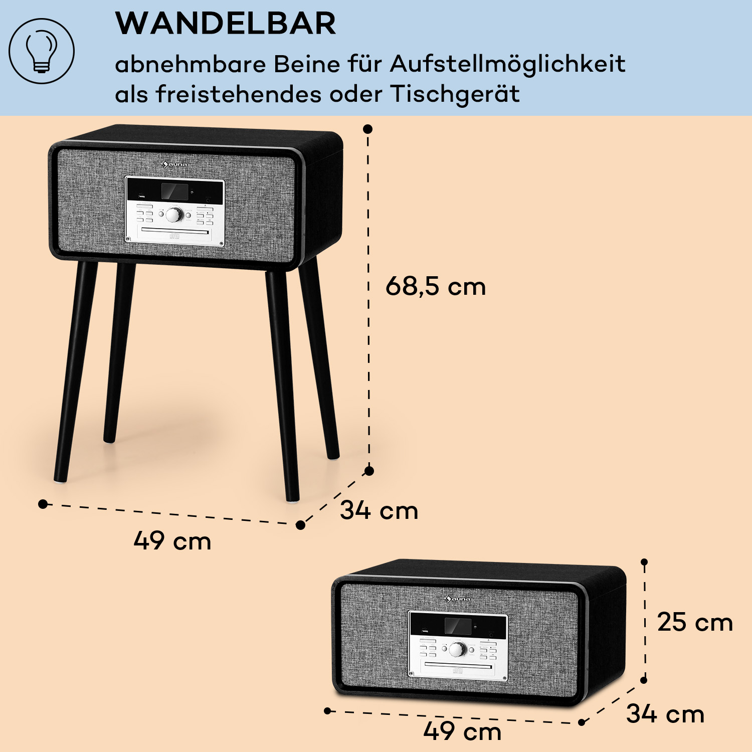 Schwarzes und graues Radio auf Beinen, mit Abmessungen. Kann als Tisch- oder Standgerät verwendet werden.