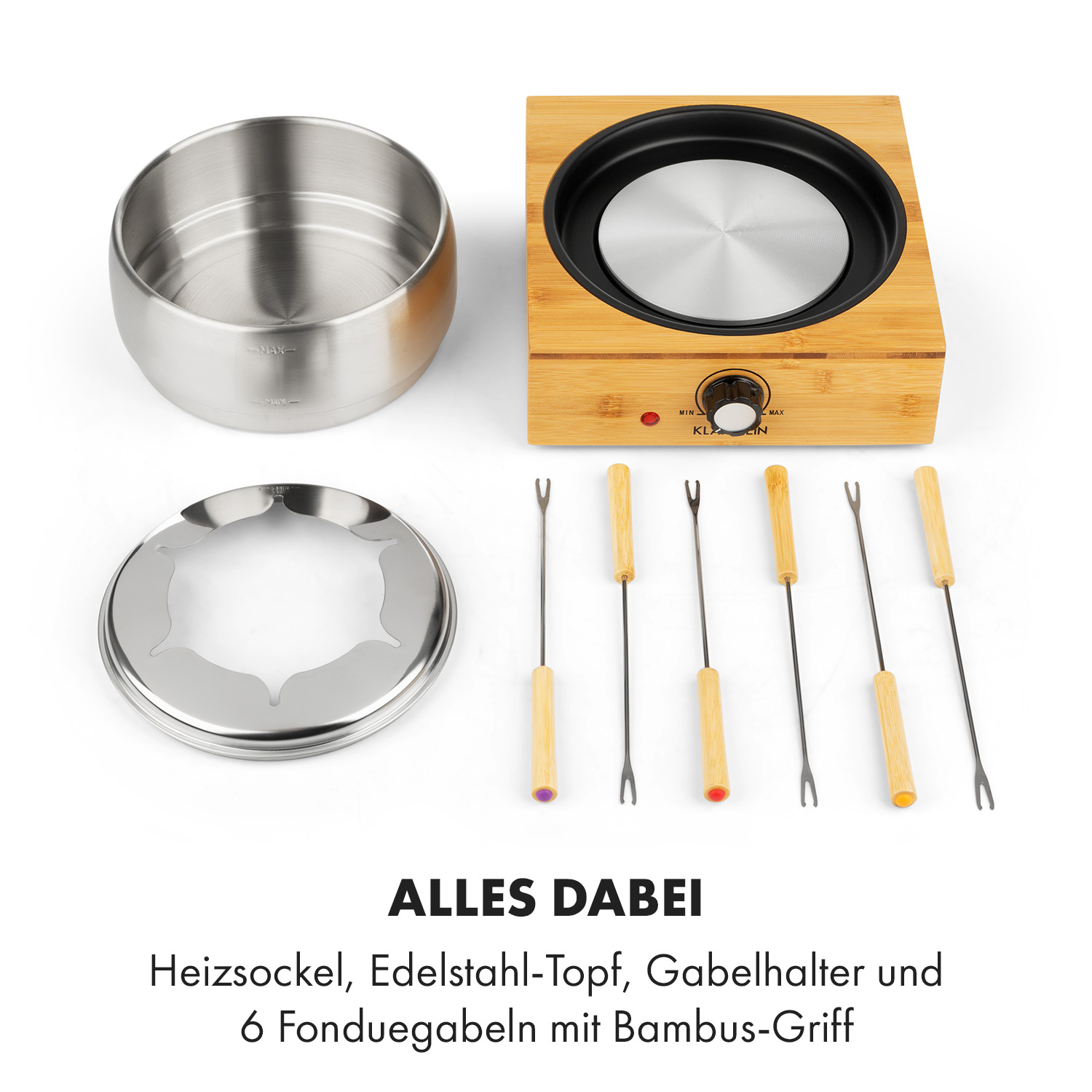 Set per fonduta, compreso pentola, scaldavivande, forchette e base in acciaio inox, tutti i componenti.