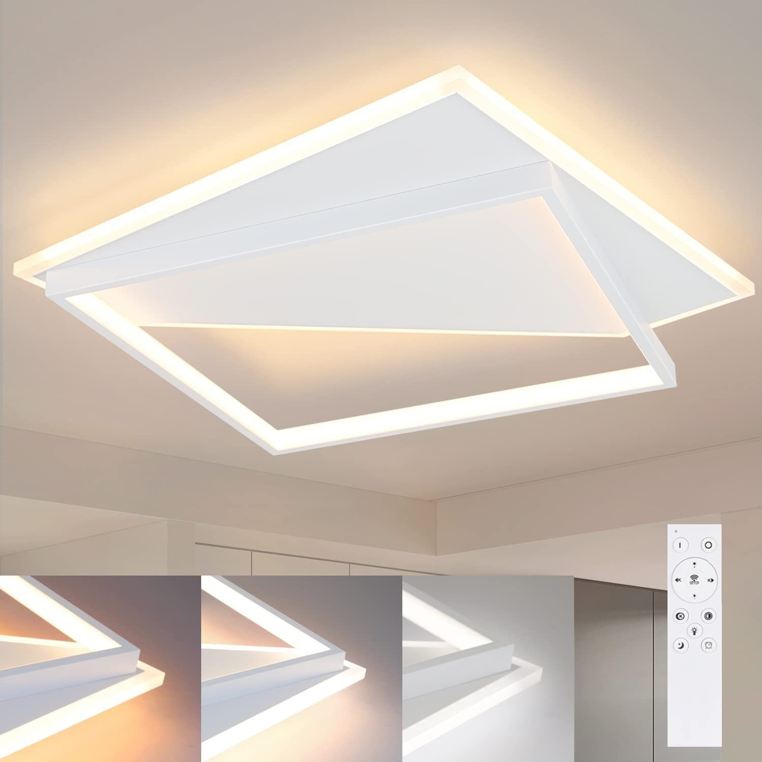 Biała nowoczesna lampa sufitowa z geometrycznym wzorem i kilkoma wariantami oświetlenia.