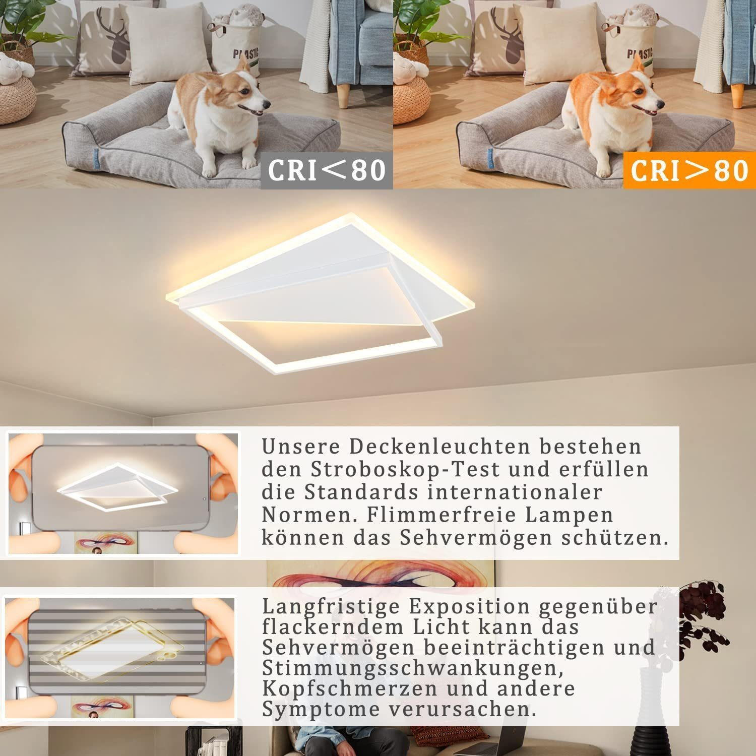 Lampa sufitowa z dwoma corgi i białym sufitem. Tekst: CRI<lt/>80 i CRI<gt/>80.