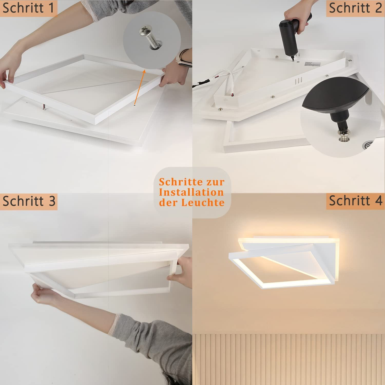 Cztery obrazy pokazujące kroki instalacji białej, geometrycznej lampy sufitowej.