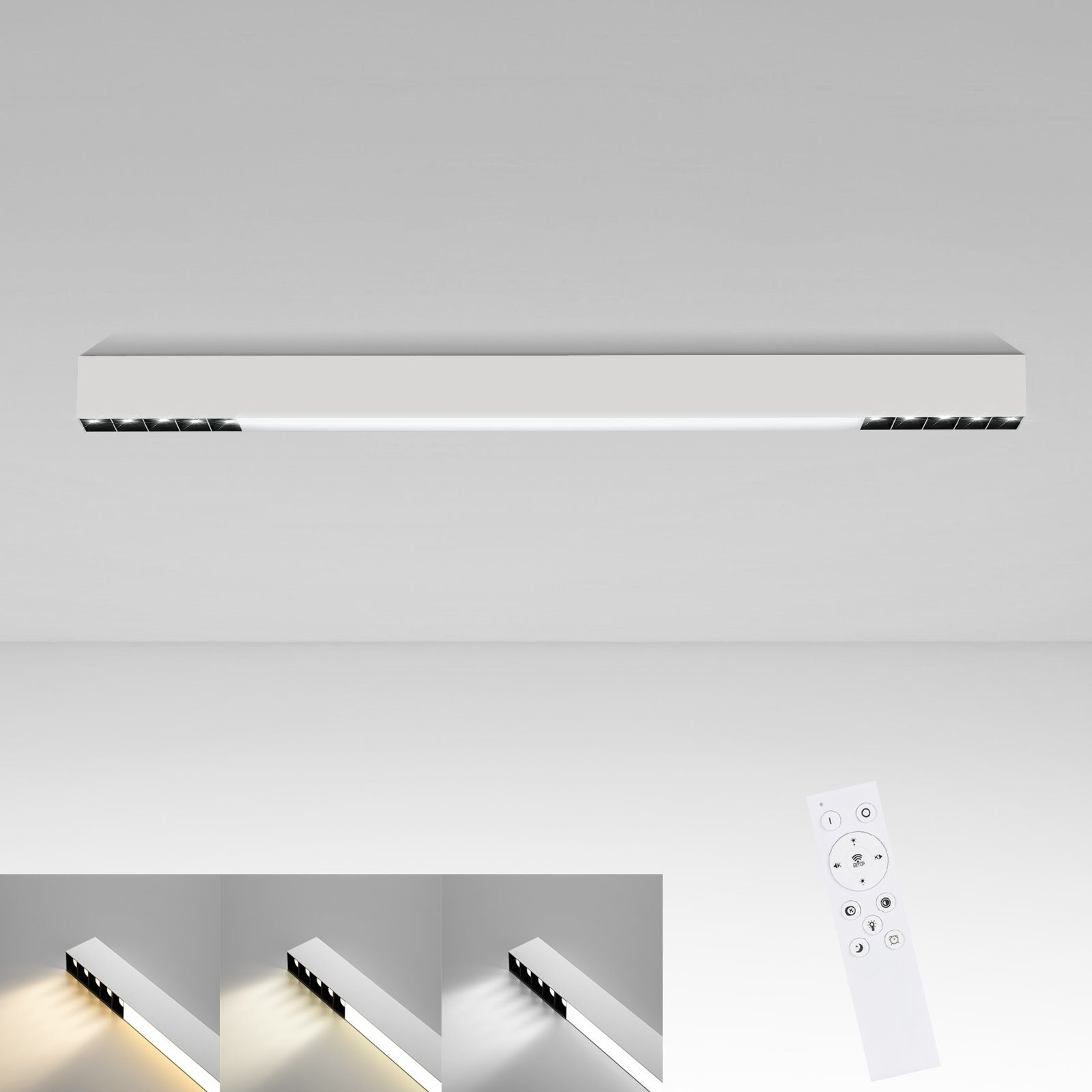 Una luz de techo blanca y rectangular con tres configuraciones de luz diferentes y un mando a distancia.
