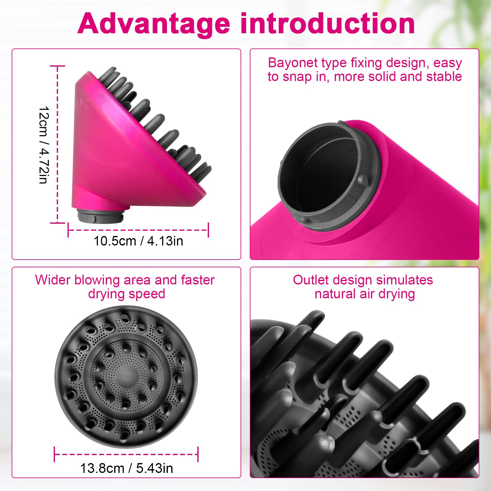 Rosa Haartrockneraufsatz mit schwarzen Borsten und Diagramme mit Abmessungen und Funktionen.