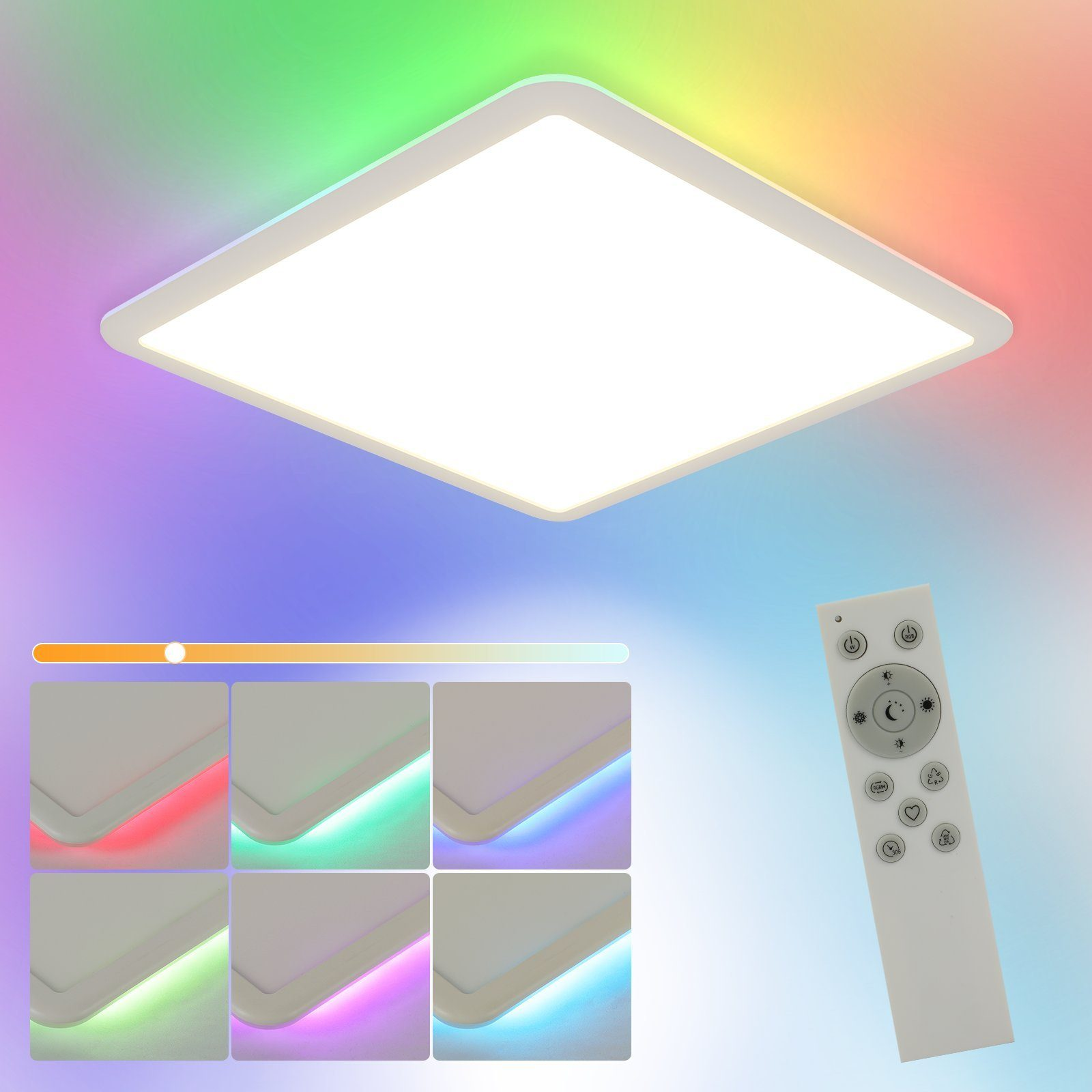 Kwadratowa biała lampa sufitowa LED z pilotem. Pokazuje wiele opcji kolorystycznych światła.