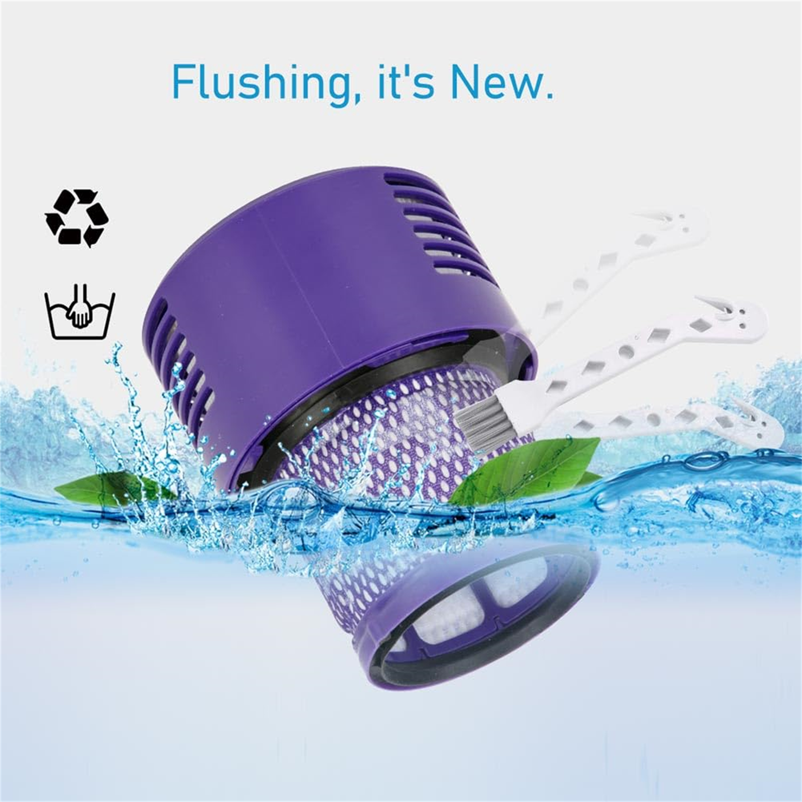 Staubsaugerfilter in Wasser mit Text 'Flushing, it's New'.