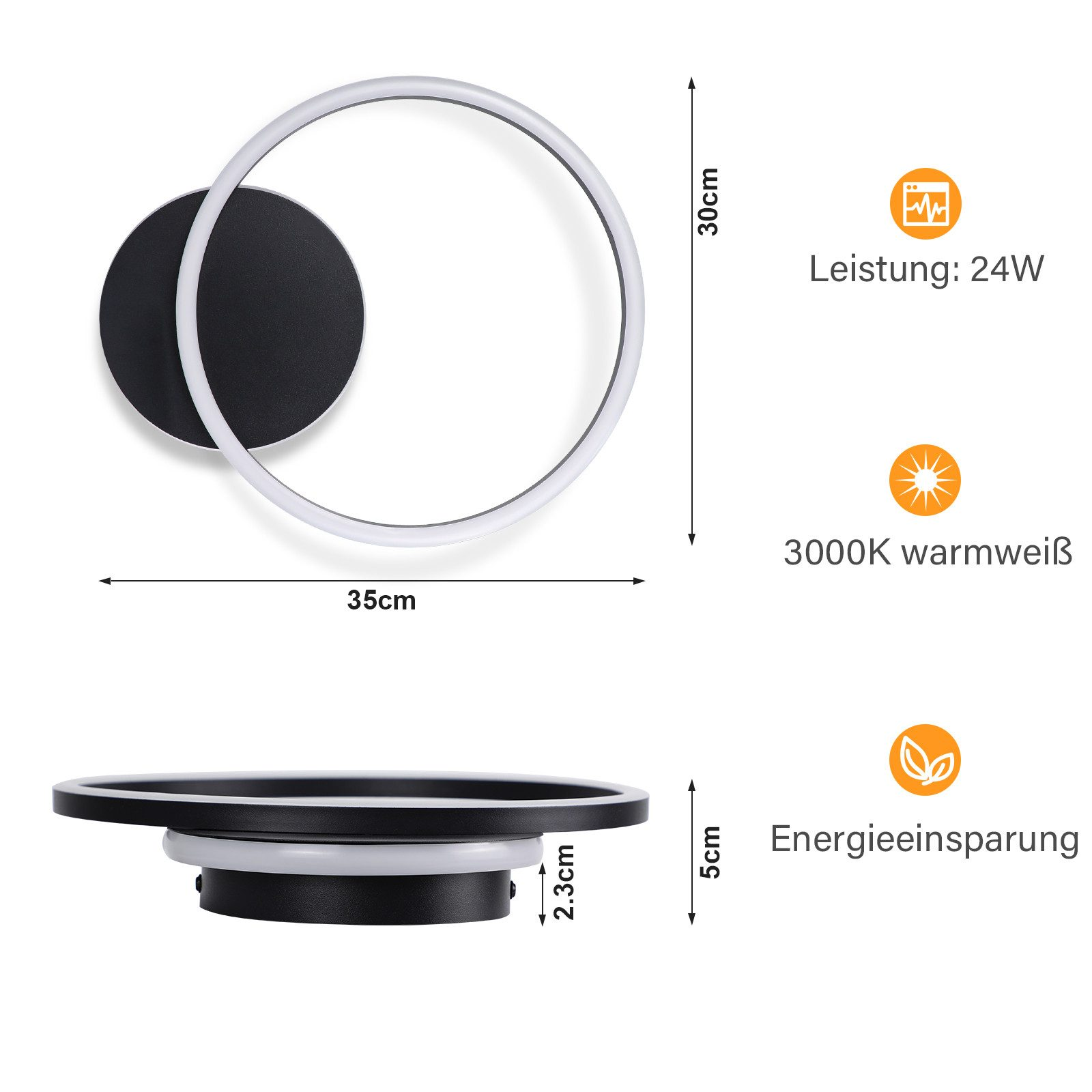 Applique moderna con elementi circolari e lineari, dimensioni e specifiche della luce bianca calda mostrate.