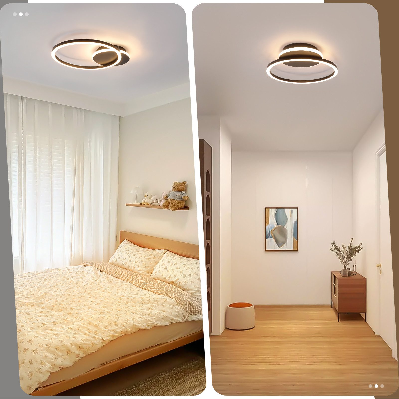 Due immagini di una plafoniera. Una in una camera da letto, una in un corridoio. Entrambe hanno la stessa luce.