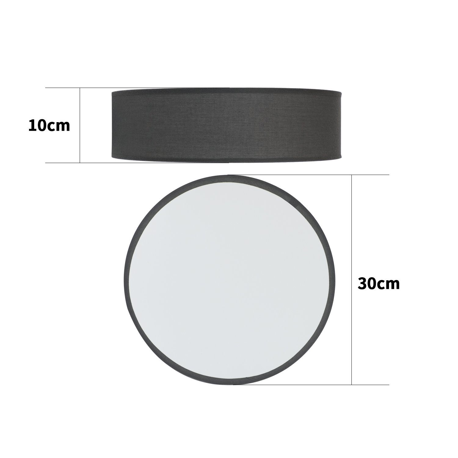Vista superior de una pantalla con medidas. La altura es 10cm, el diámetro 30cm.