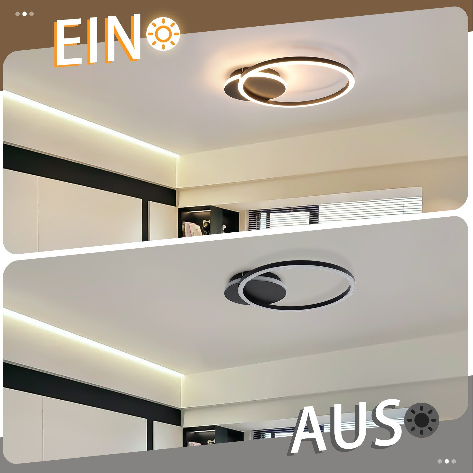 Dos imágenes que muestran una luz de techo. Una está encendida, la otra apagada. La luz es un anillo con un círculo oscuro.