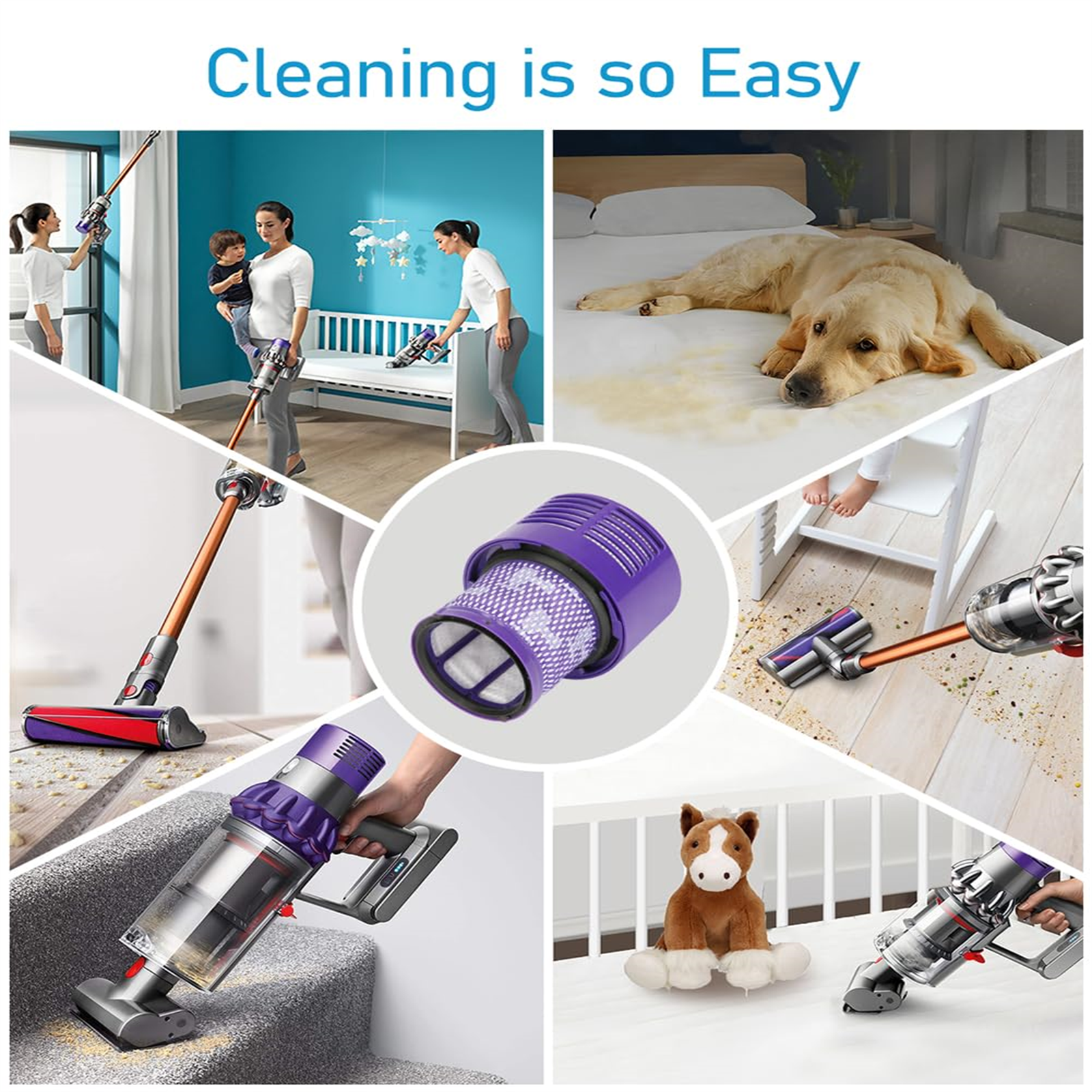 Verschiedene Szenen des Reinigens mit einem Staubsauger, einem Filter und dem Schriftzug 'Cleaning is so Easy'.