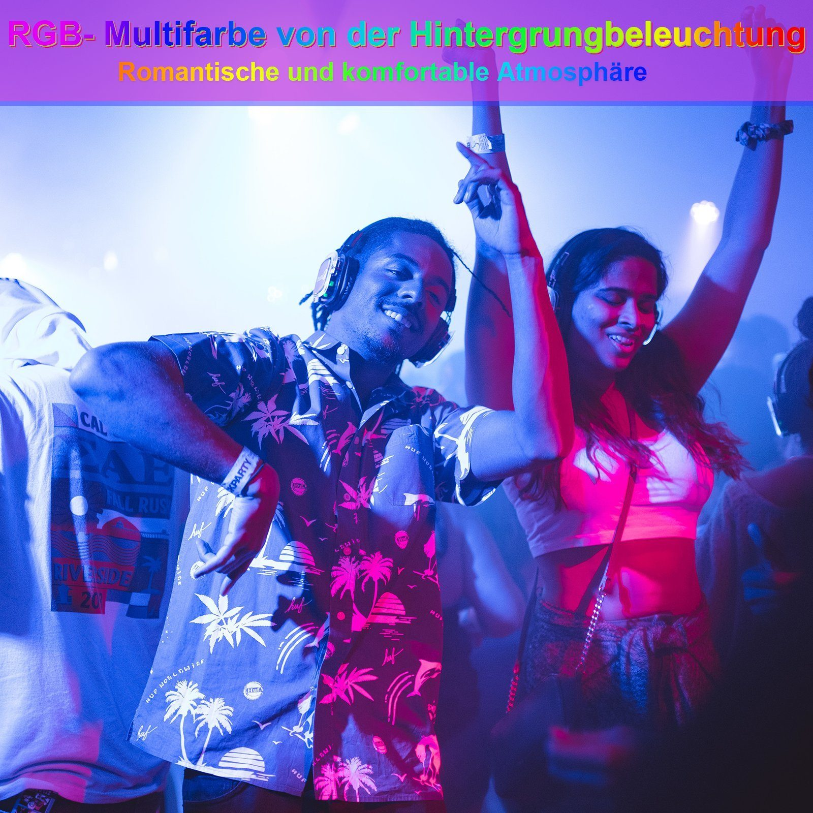 Ludzie tańczący w klubie nocnym z kolorowym oświetleniem. Zawiera niemiecki tekst.