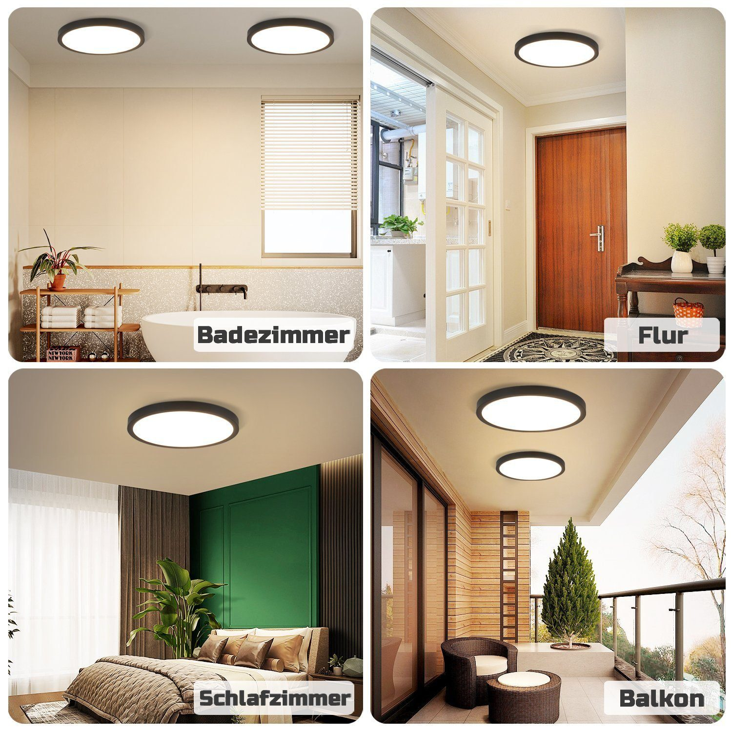 Quattro immagini che mostrano un apparecchio di illuminazione a soffitto circolare in vari contesti come bagni e camere da letto.