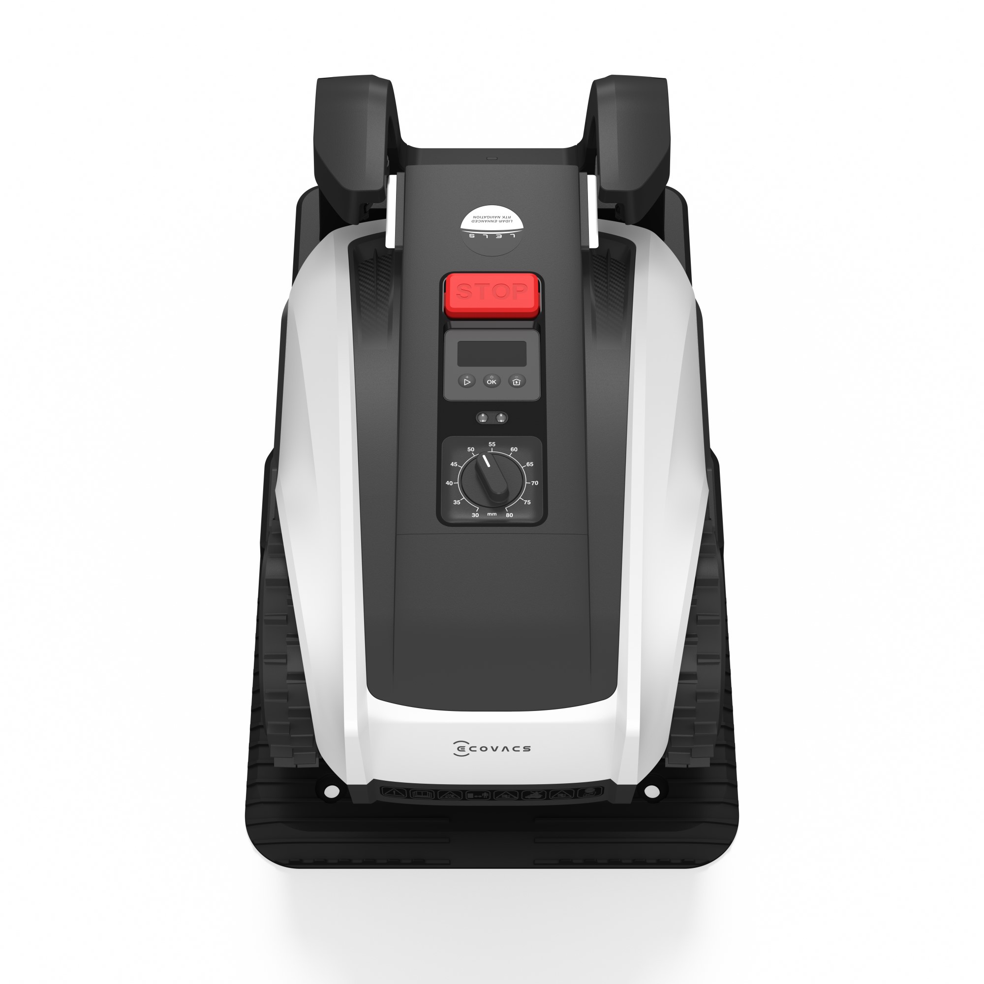 Robot koszący, widok z góry, czarno-biały z czerwonym przyciskiem stop.