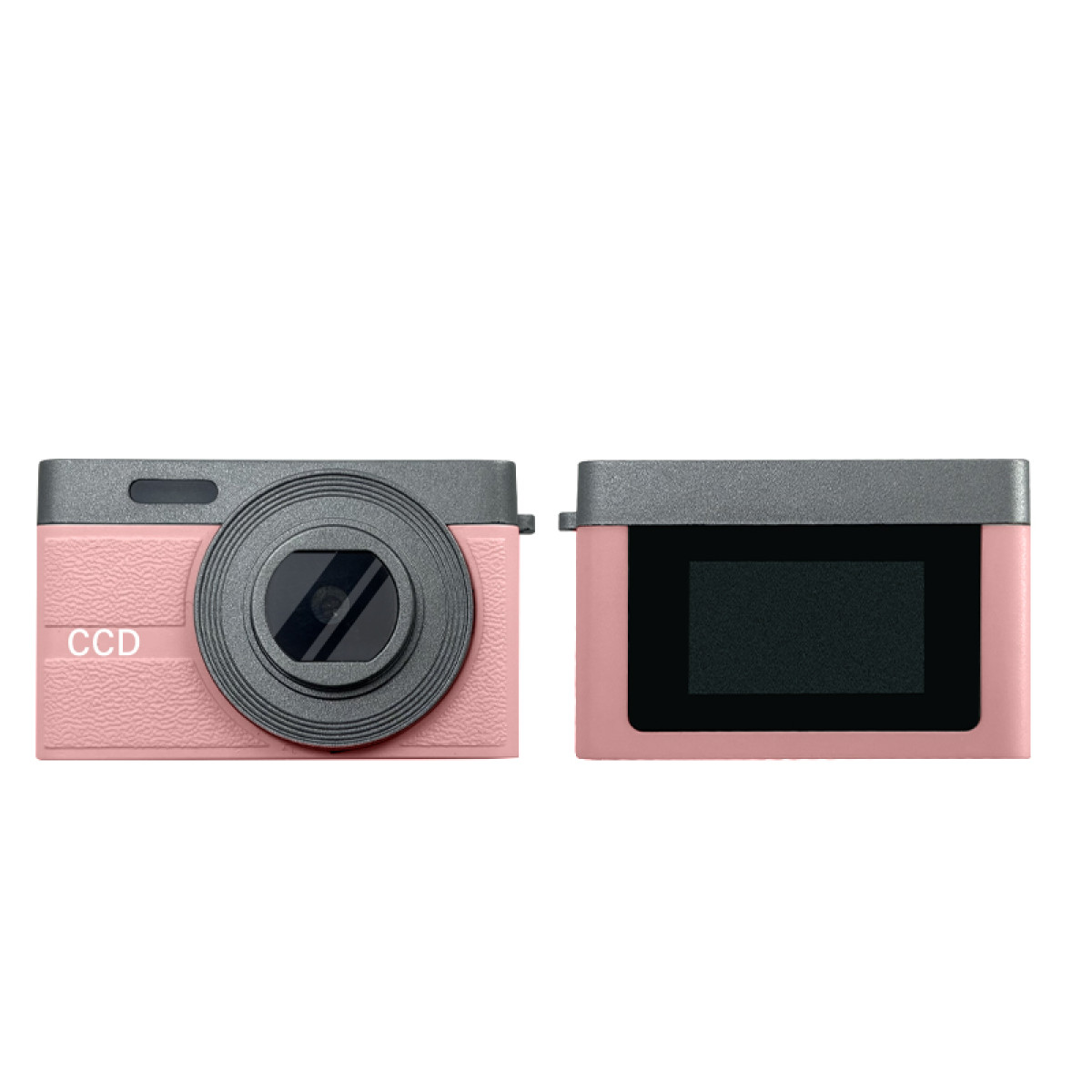 Een roze en grijze camera, van voren en van achteren bekeken. Er staat CCD op de voorkant.