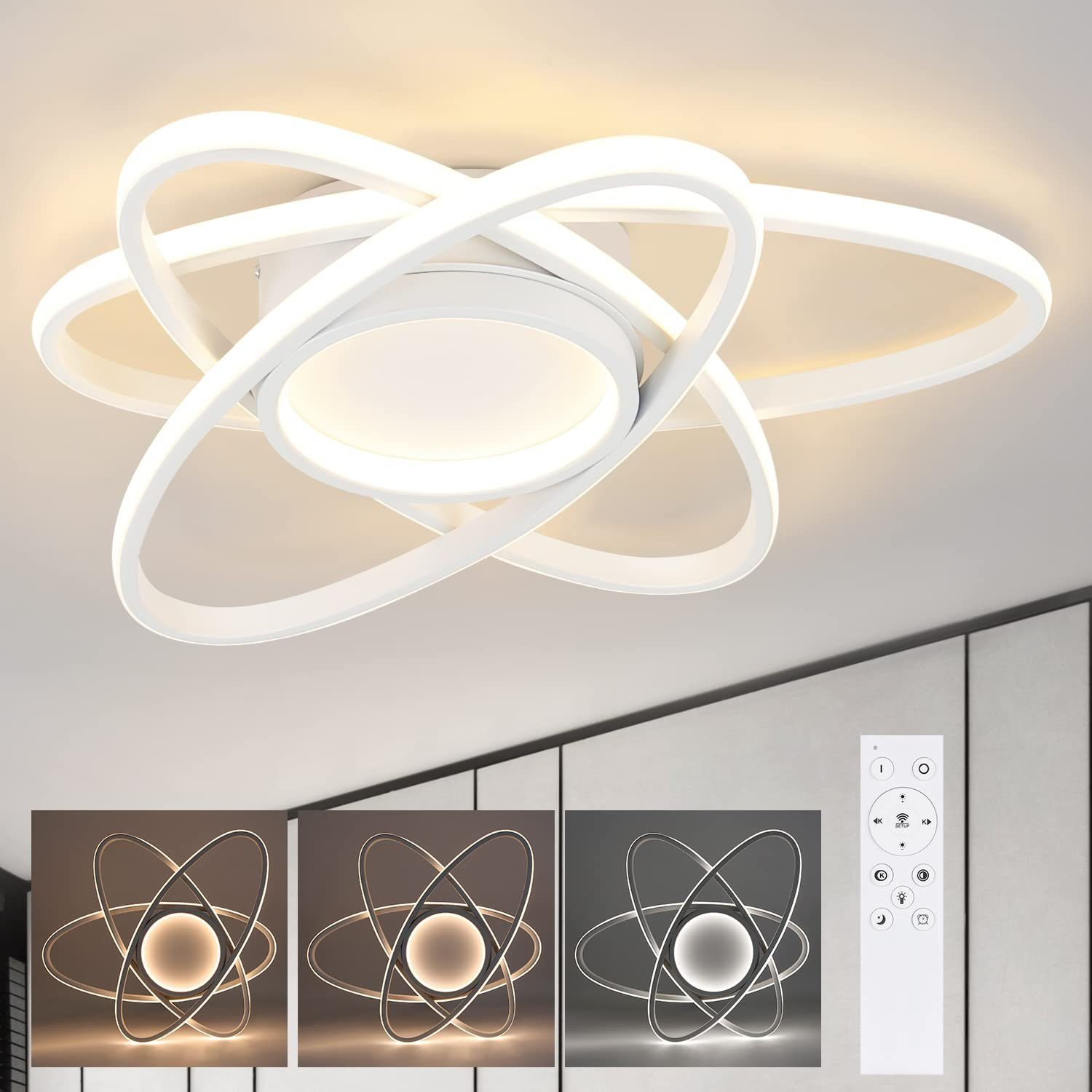 Biała, nowoczesna lampa sufitowa z pilotem. Okrągły i pętelkowy design.