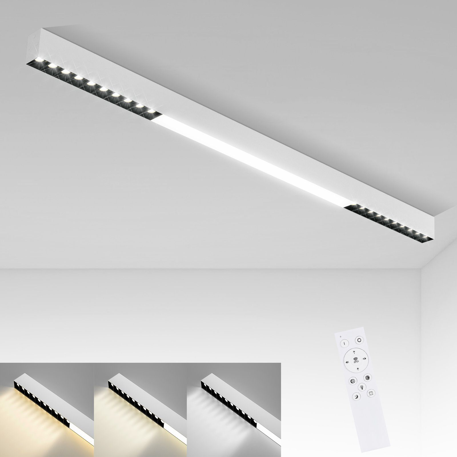 Luz de techo moderna con tres opciones de color de luz y un mando a distancia.