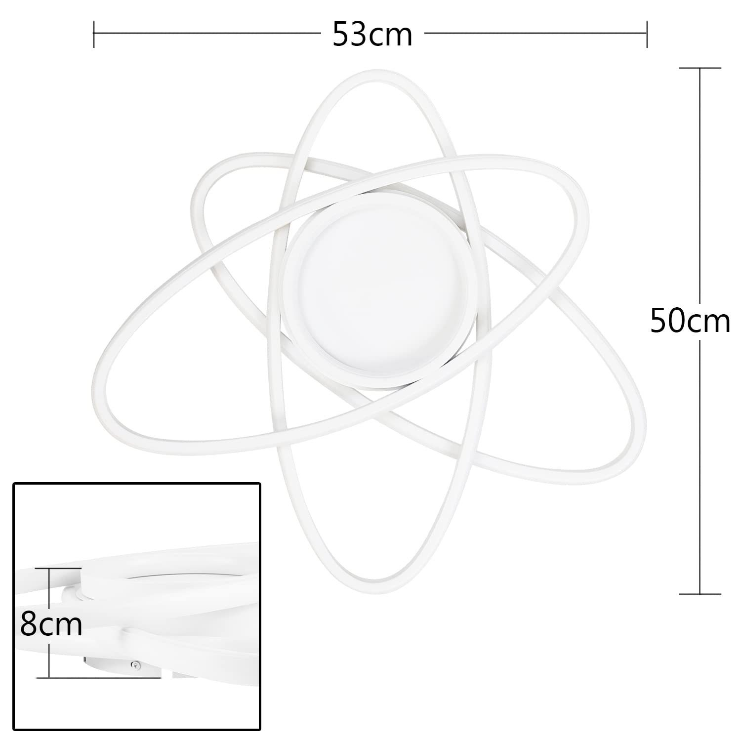 Biała lampa sufitowa o unikalnym okrągłym wzornictwie, z wymiarami w cm.