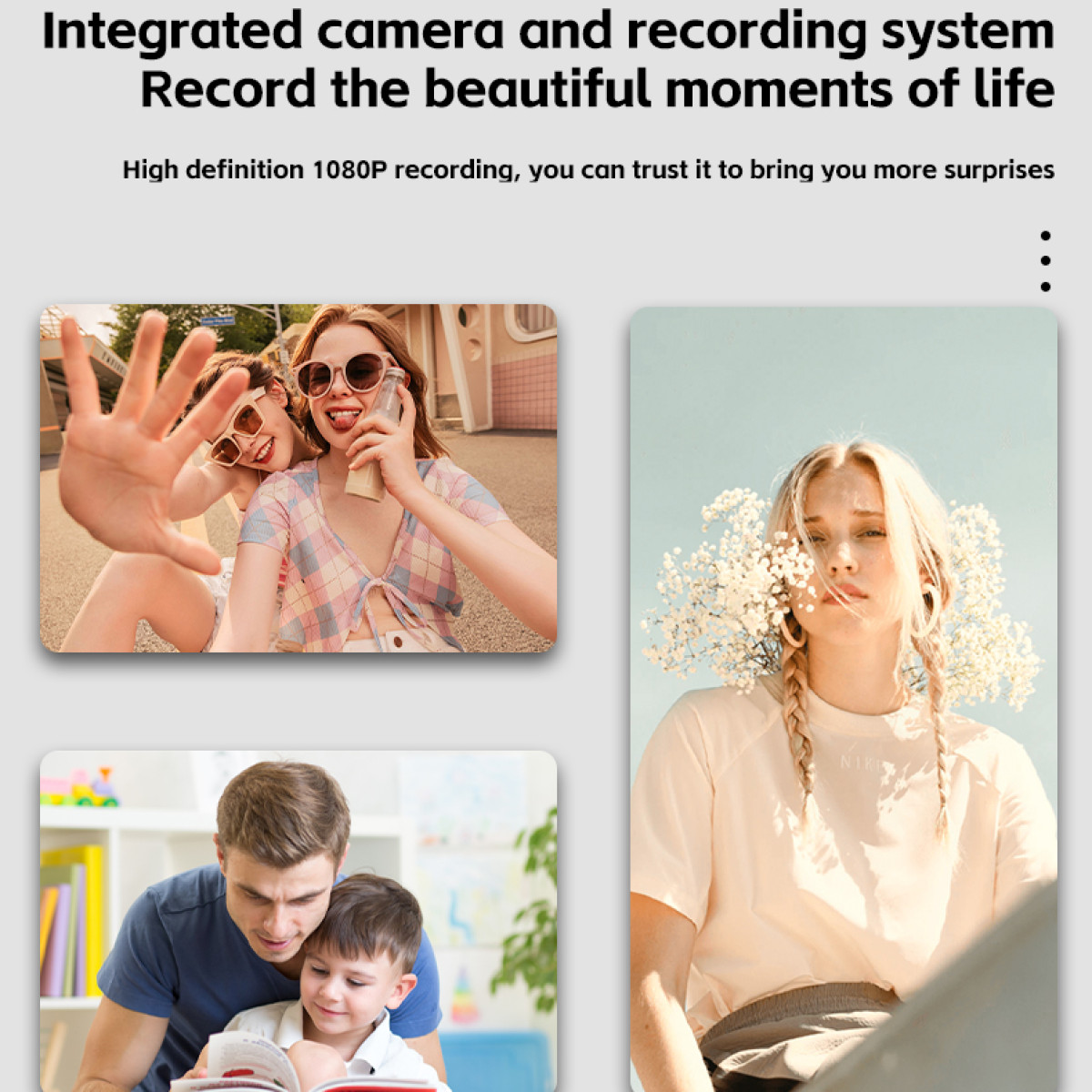 Das Bild zeigt drei Szenen: Menschen, die ein Foto machen, eine Frau mit Blumen und ein Vater, der einem Kind vorliest.