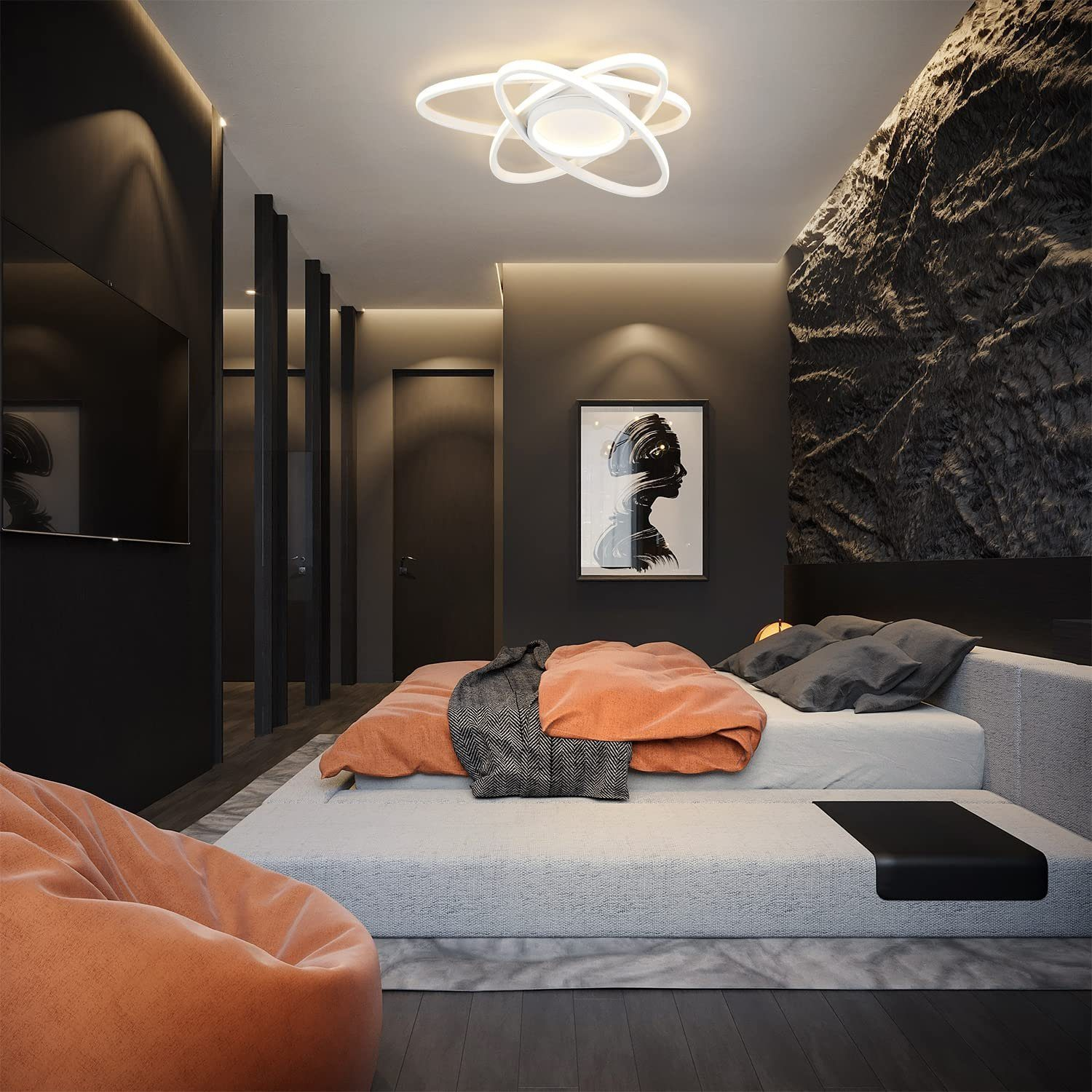 Dormitorio moderno con cama naranja y lámpara. Paredes negras y gran imagen.