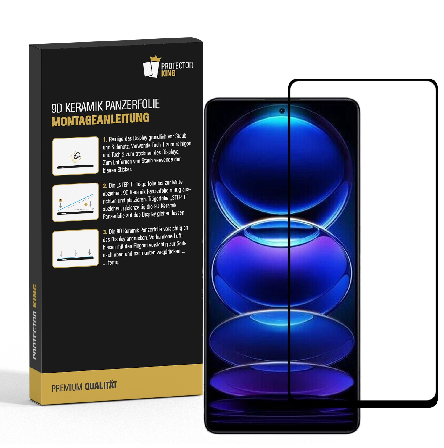 Eine Verpackung für einen Displayschutz und ein Telefon mit angebrachtem Displayschutz, das die Produktmerkmale zeigt.