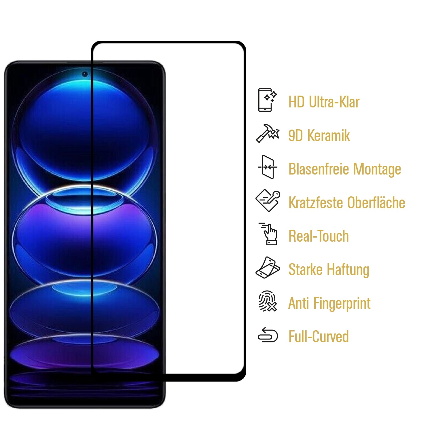 Smartphone-Displayschutz und ein Smartphone. Textbeschriftungen: HD Ultra-Clear, 9D Ceramic, Anti-Fingerprint usw.