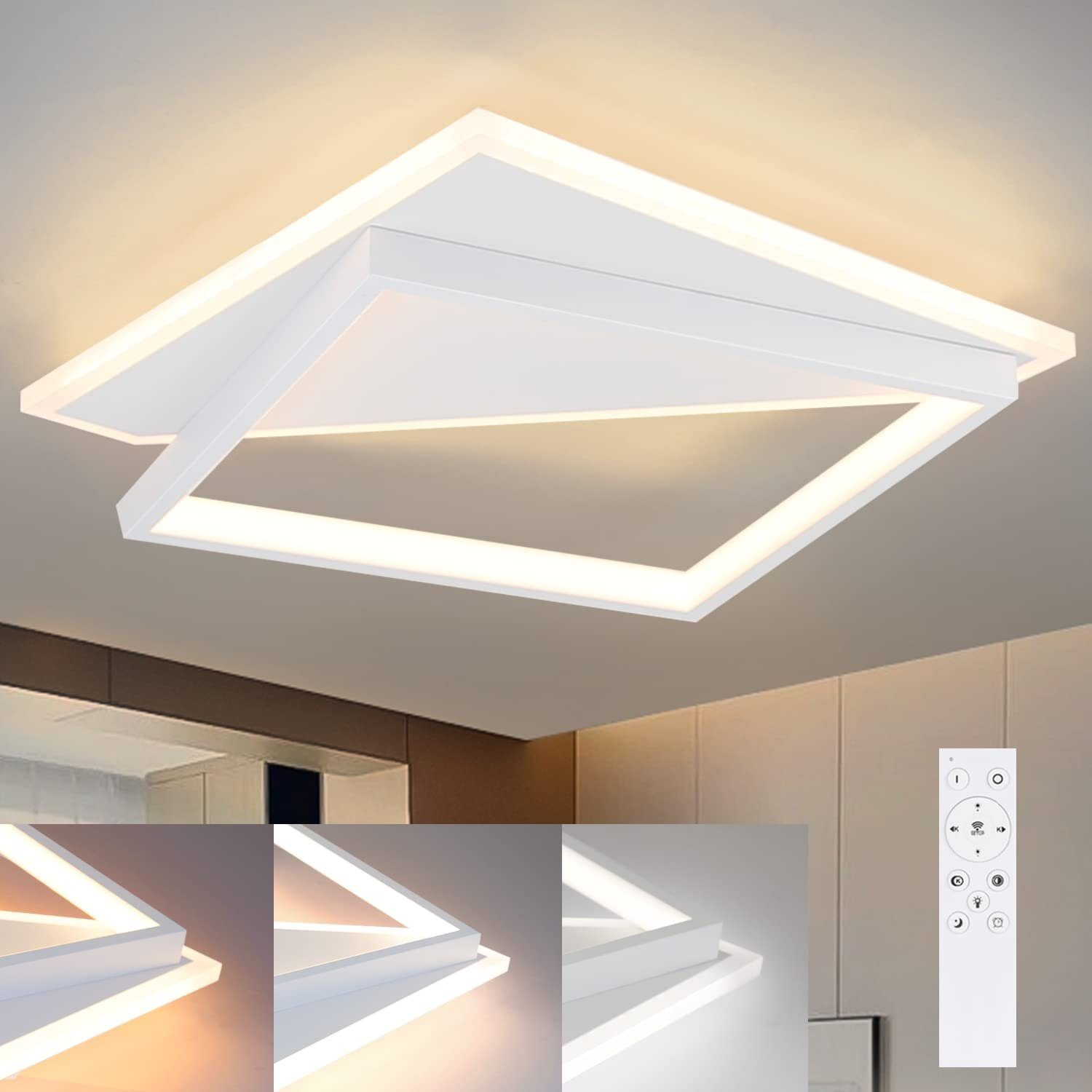 Luz de techo blanca y plateada con mando a distancia. Muestra diferentes configuraciones de luz.