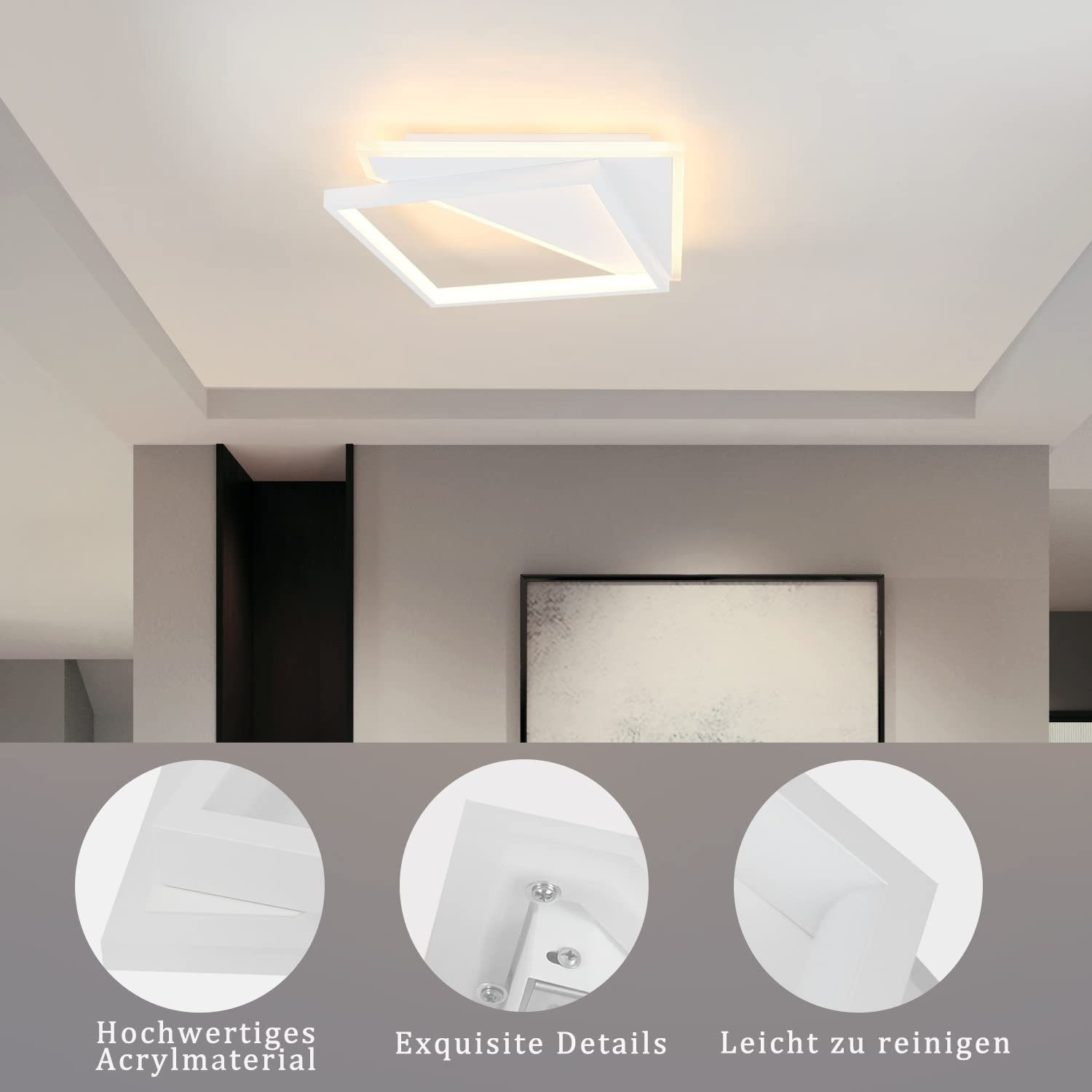 Una moderna lámpara de techo blanca con elementos cuadrados iluminados.