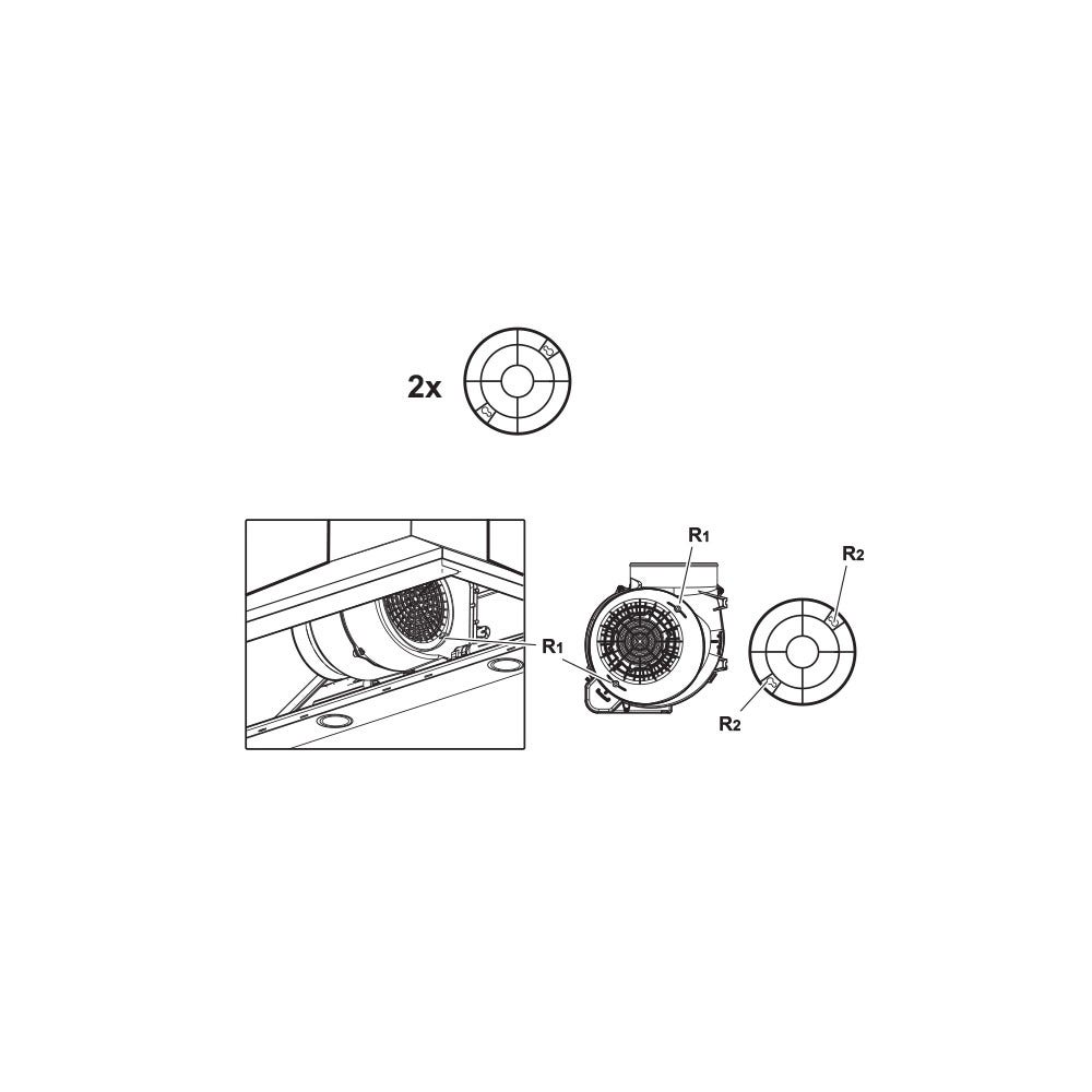 Diagramm eines Belüftungssystems mit Lüfterkomponenten und Beschriftungen.