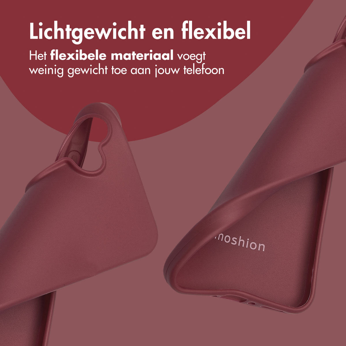 Twee bordeauxrode telefoonhoesjes. Eén toont de merknaam 'noshion'.