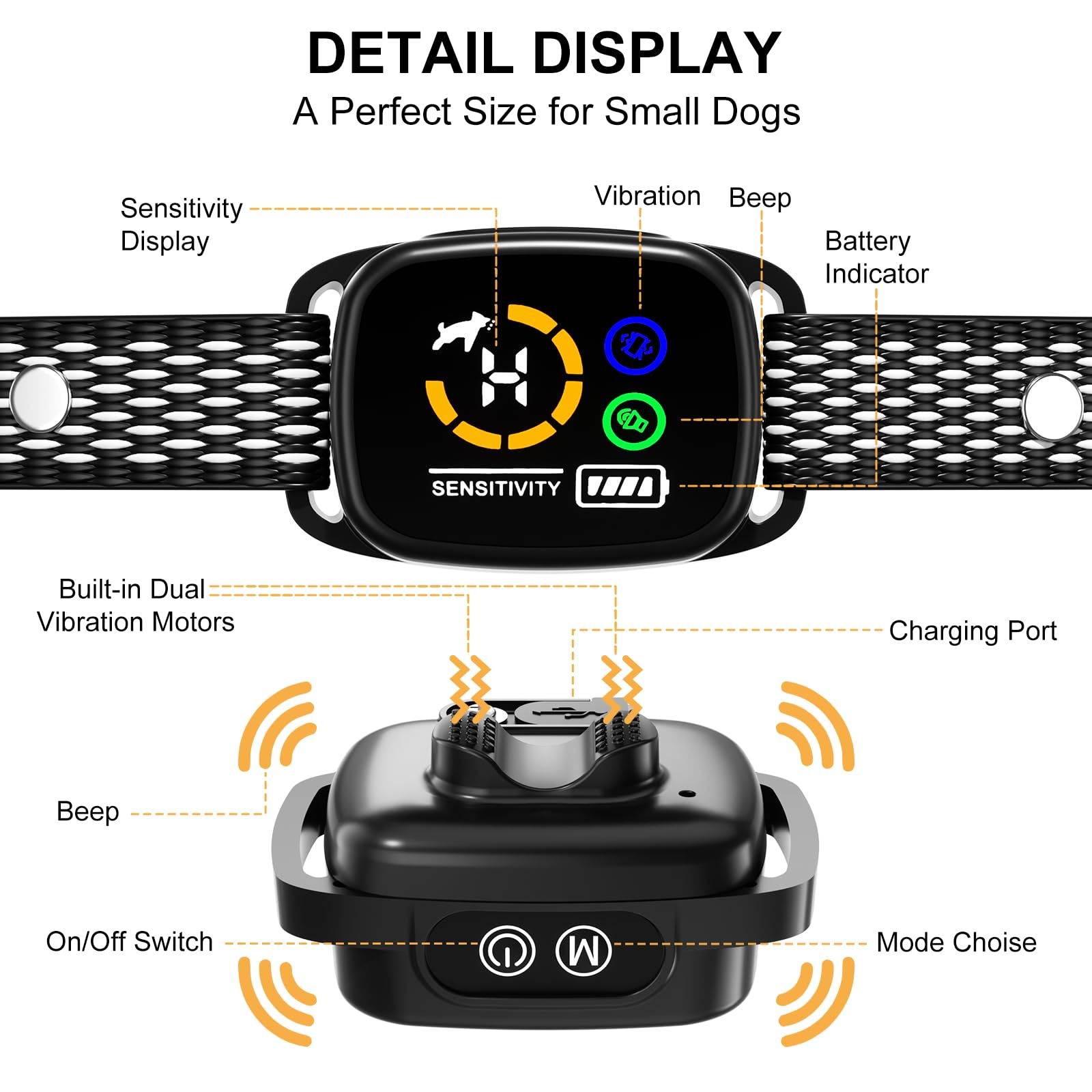 Nahaufnahme eines Hunde-Trainingshalsbands mit Display und Bedienelementen.