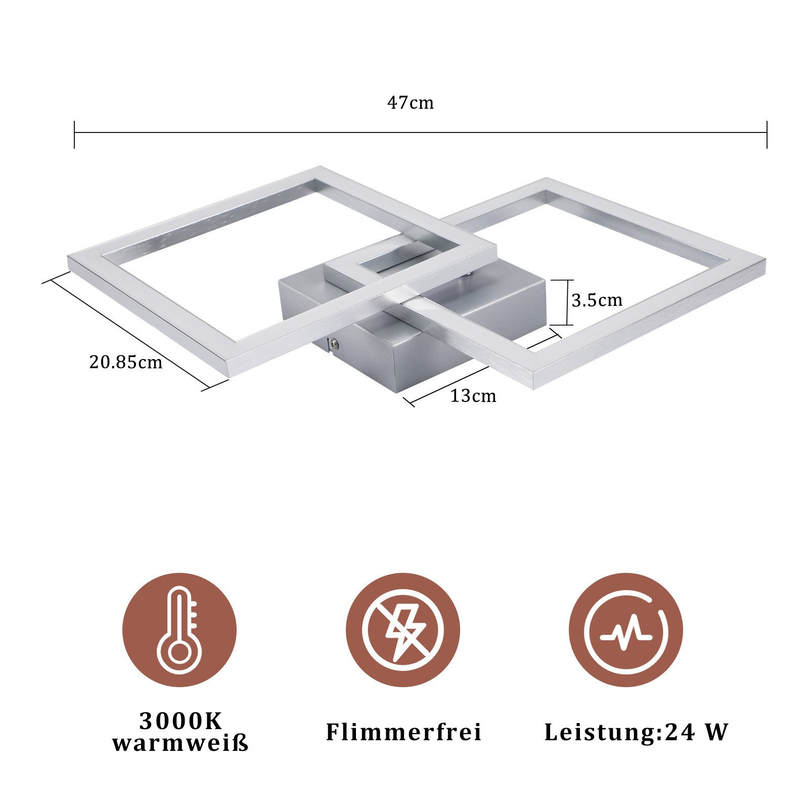 Srebrna lampa sufitowa LED. Ma dwa przecinające się kwadraty. Wymiary i specyfikacje są wyświetlane na zdjęciu.