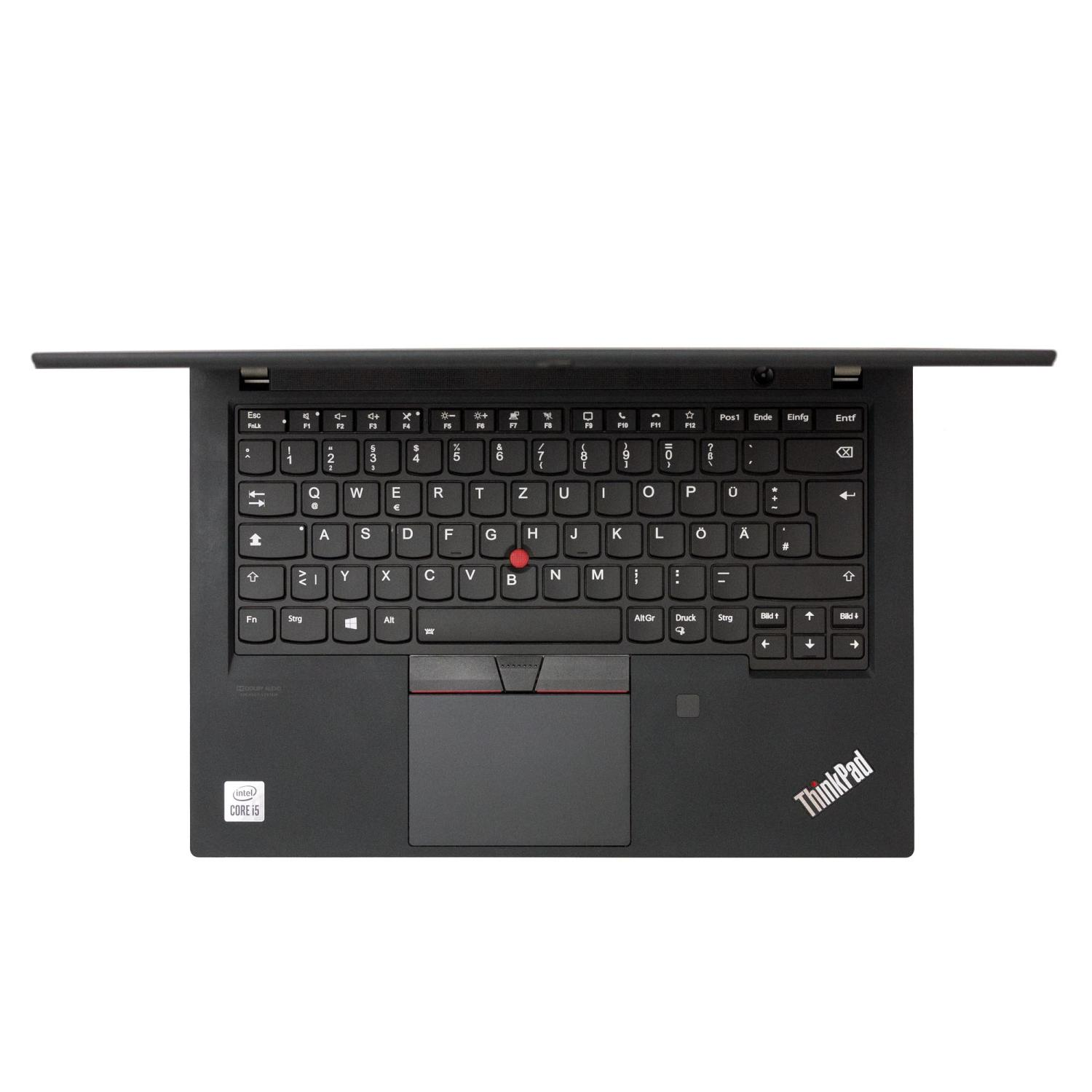 Schwarze Laptop-Tastatur, Draufsicht, mit einem Trackpad und dem ThinkPad-Logo.