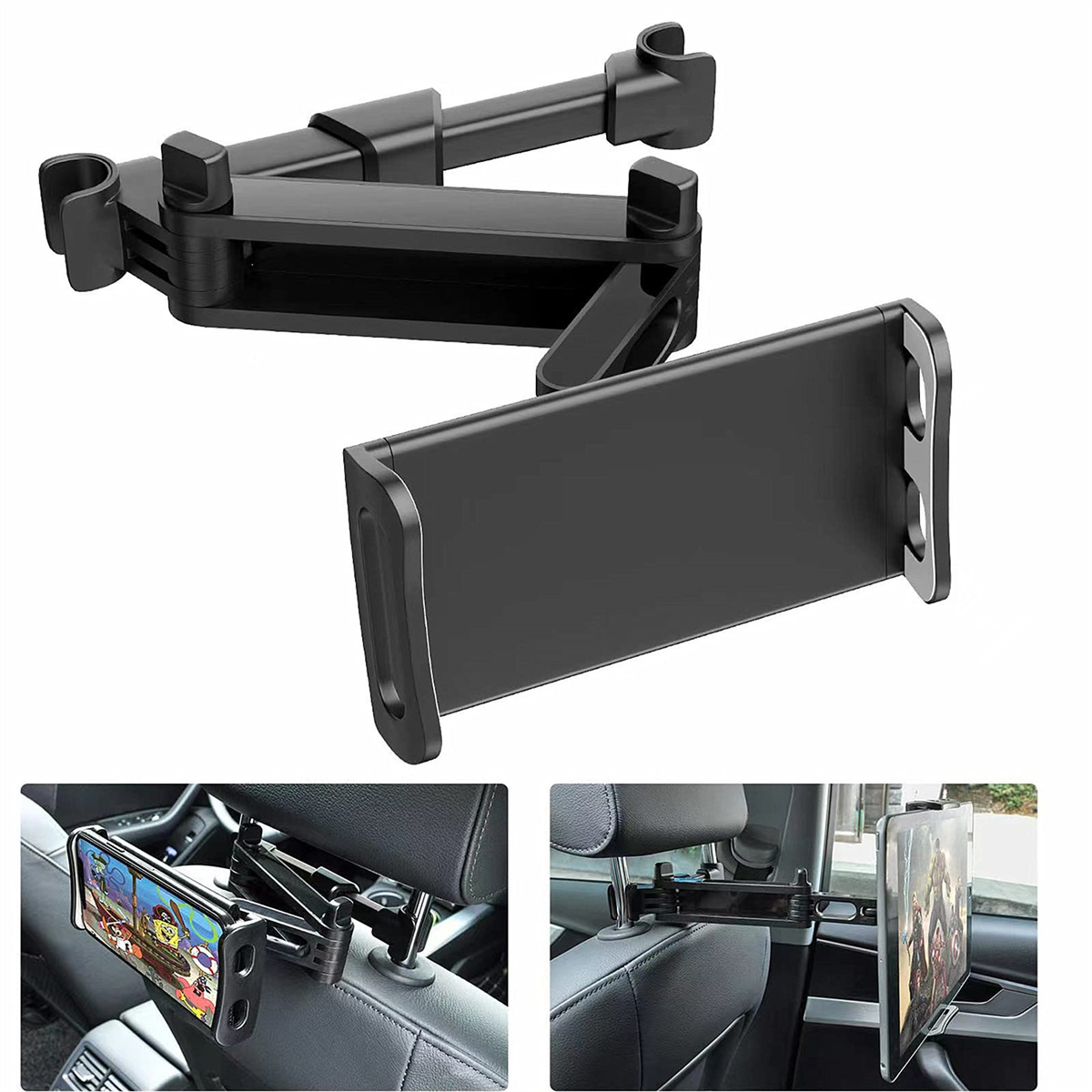 Ein schwarzer Tablethalter für ein Auto, mit mehreren Ansichten.