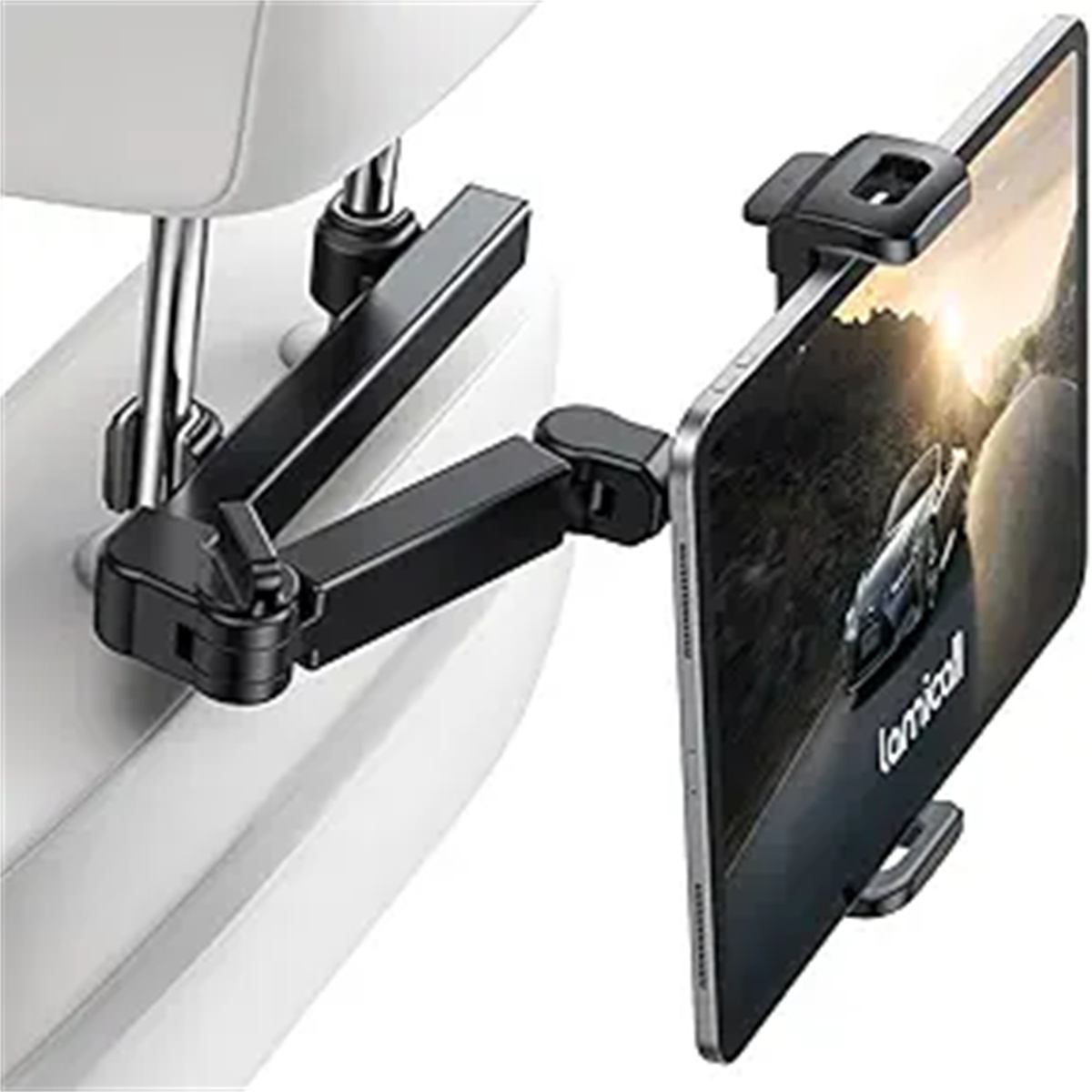 Tablet an Kopfstütze befestigt. Das Tablet ist schwarz und zeigt ein Auto.