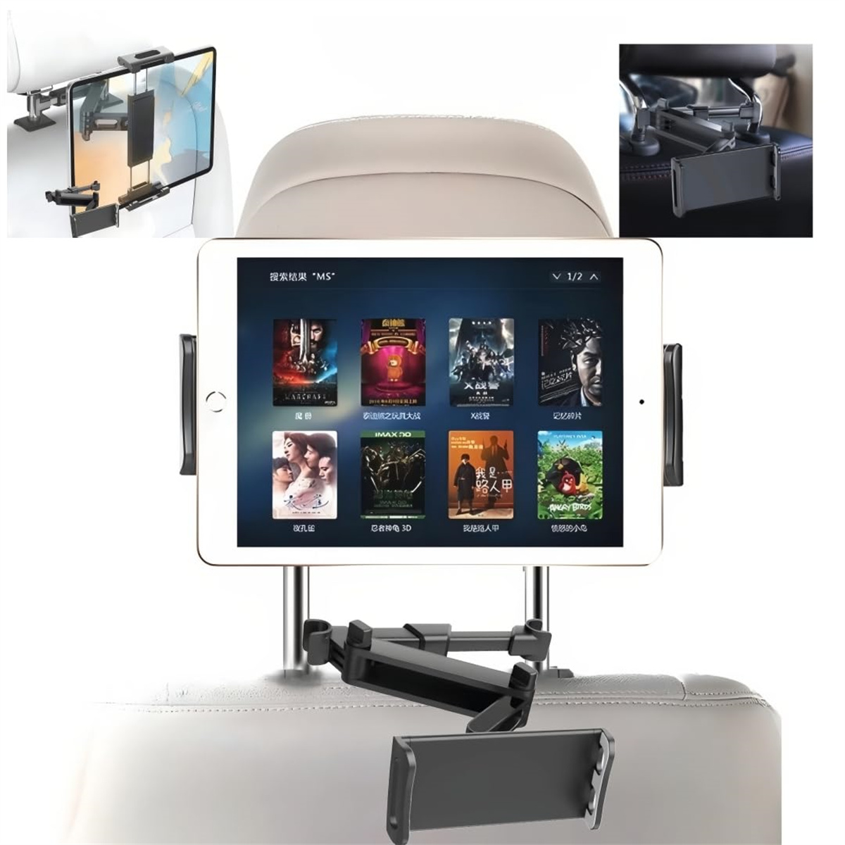 Ein Tablet, das an einer Kopfstütze im Auto befestigt ist und Filmplakate anzeigt. Zusätzliche Halterungen sind oben abgebildet.
