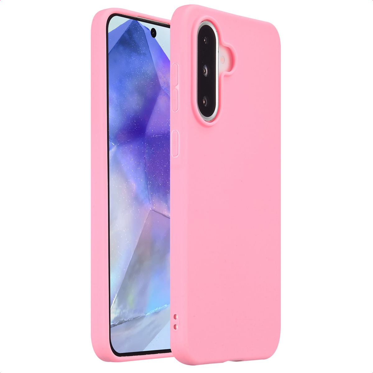 Roze telefoonhoesje met telefoon erin, toont camera en knoppen.