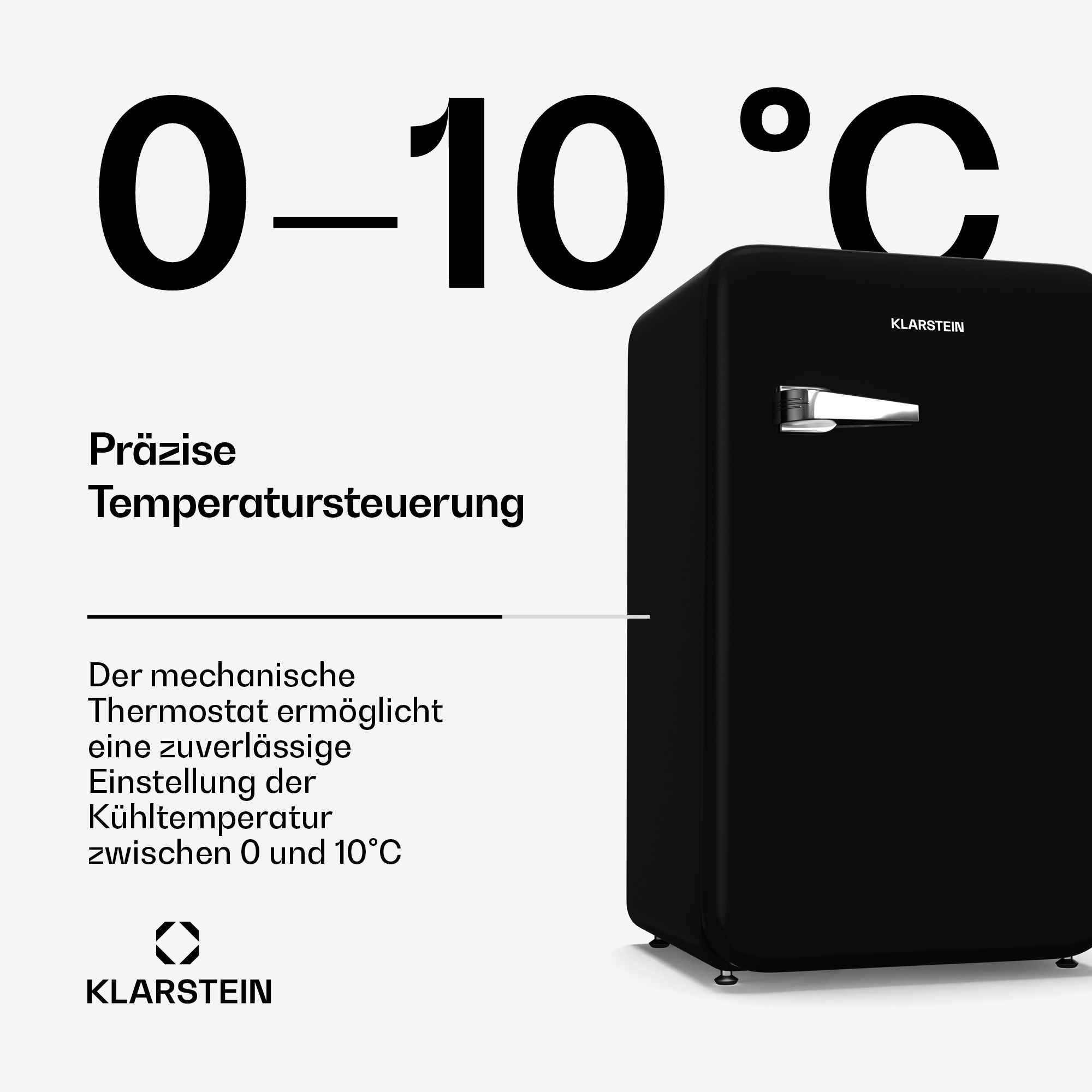 Ein schwarzer Mini-Kühlschrank mit Text. Der Text lautet 0-10°C und Präzise Temperatursteuerung.