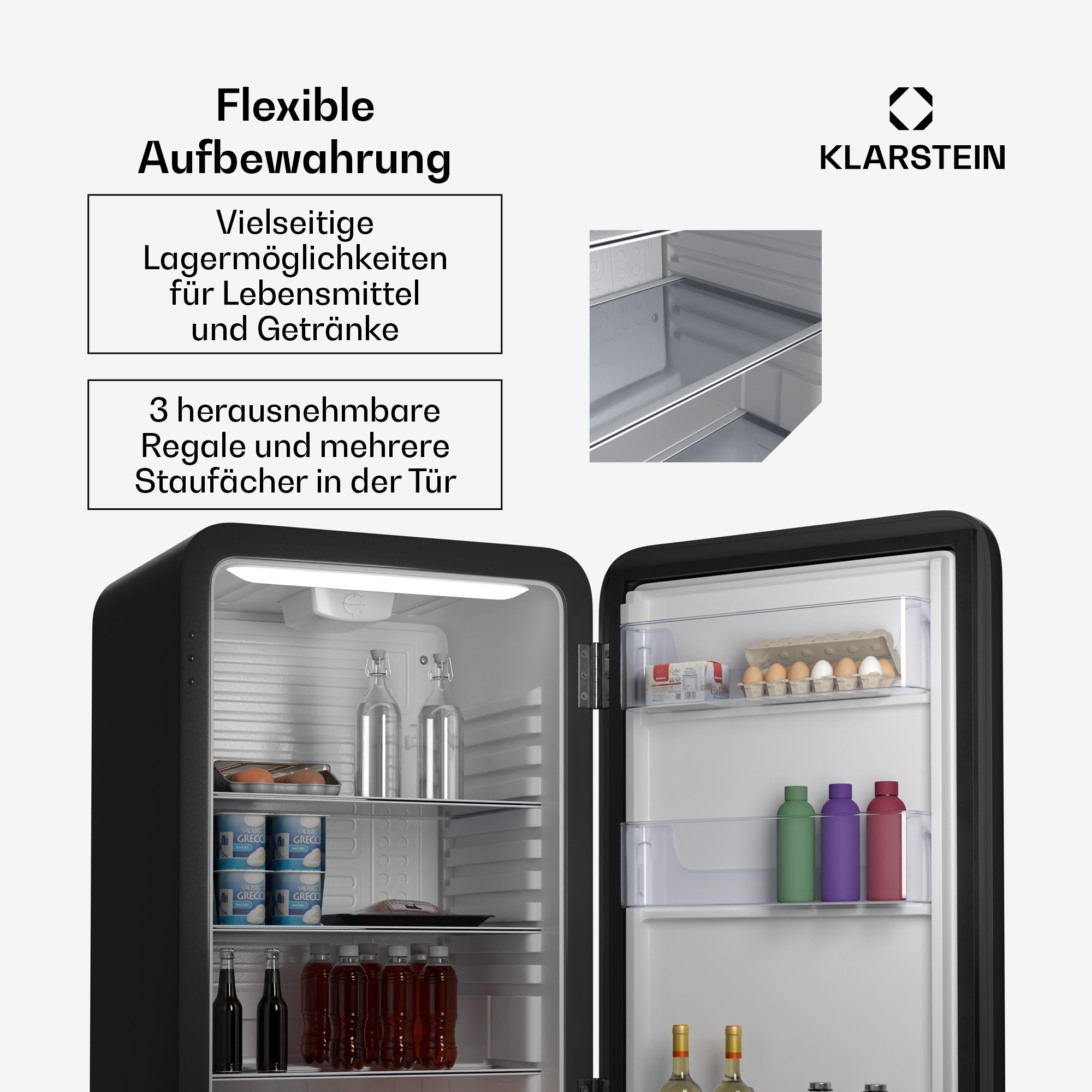 Schwarzer Kühlschrank mit offener Tür. Zeigt Regale mit Essen und Trinken. Text: Flexible Aufbewahrung.