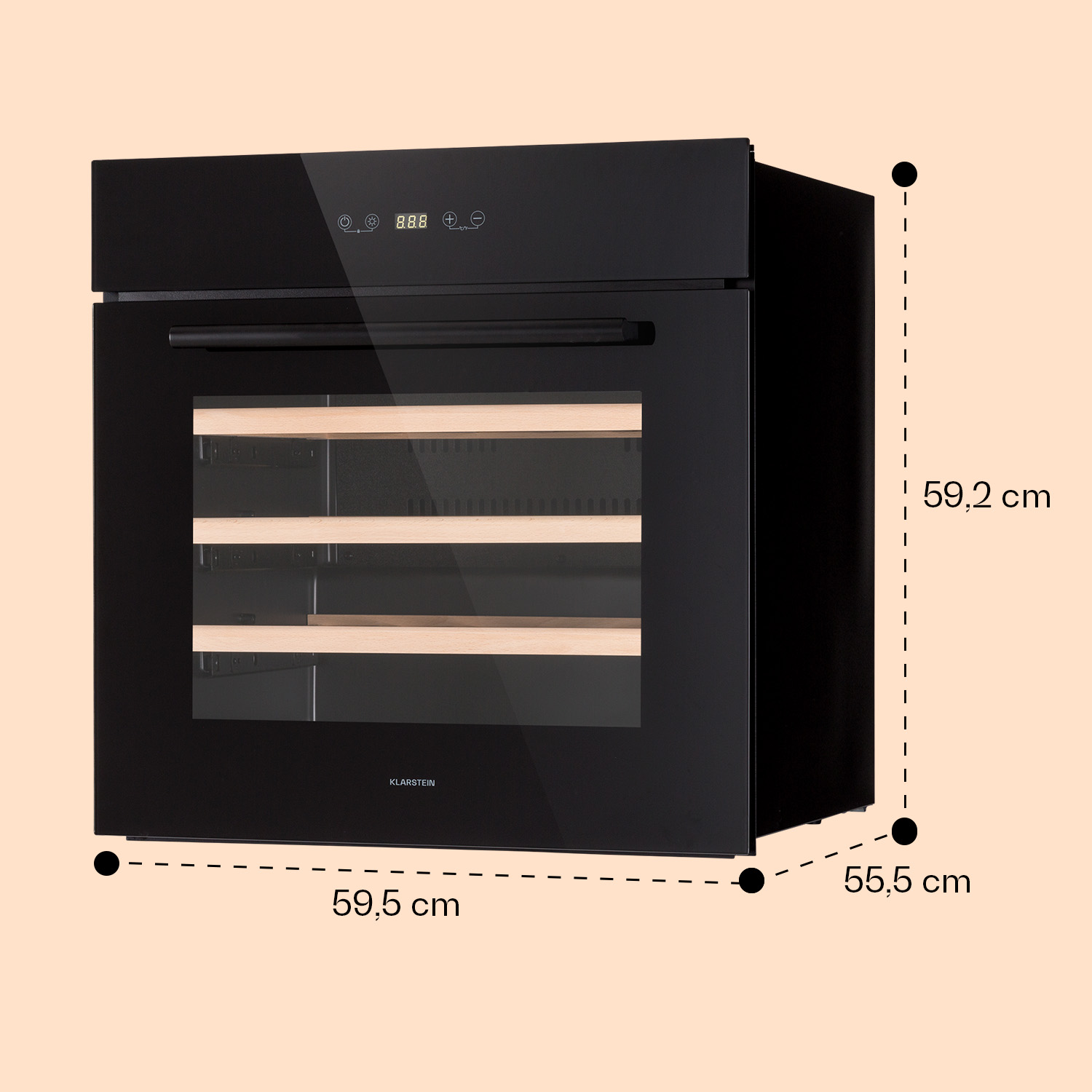 Forno a incasso nero con dimensioni visualizzate, su sfondo marrone chiaro.