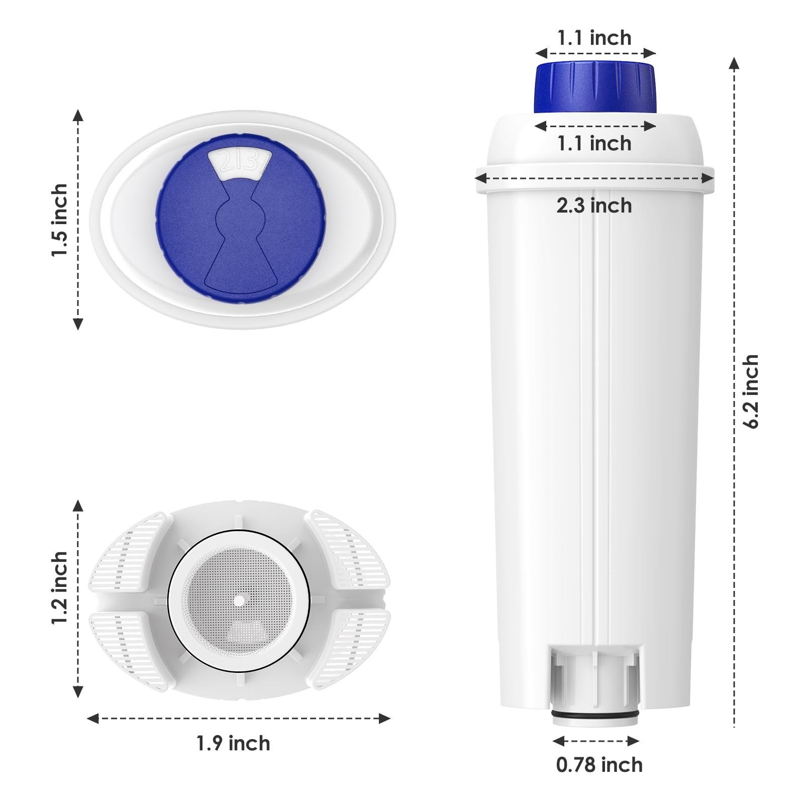 Drei Ansichten eines weißen Wasserfilters. Der Filter ist weiß mit blauen Teilen.