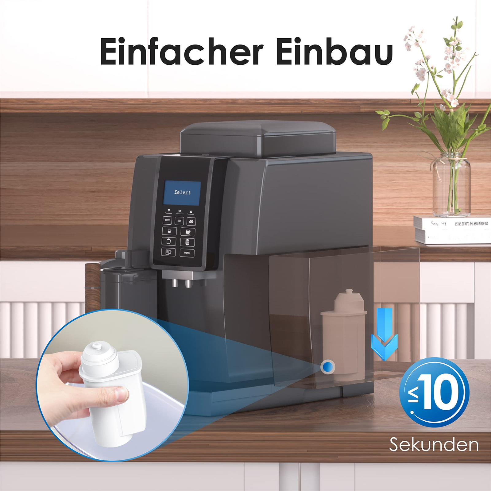 Person installiert Kaffeemaschinenfilter. Blaue Pfeile zeigen die Filterplatzierung. Text: Einfache Installation.