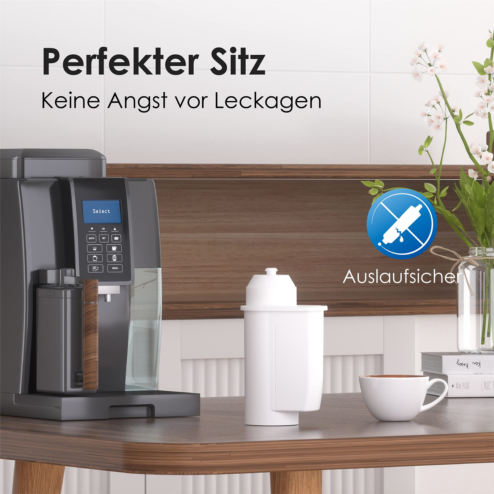 Kaffeemaschine mit Tasse, Wasserfilter und Text, Innenraum.