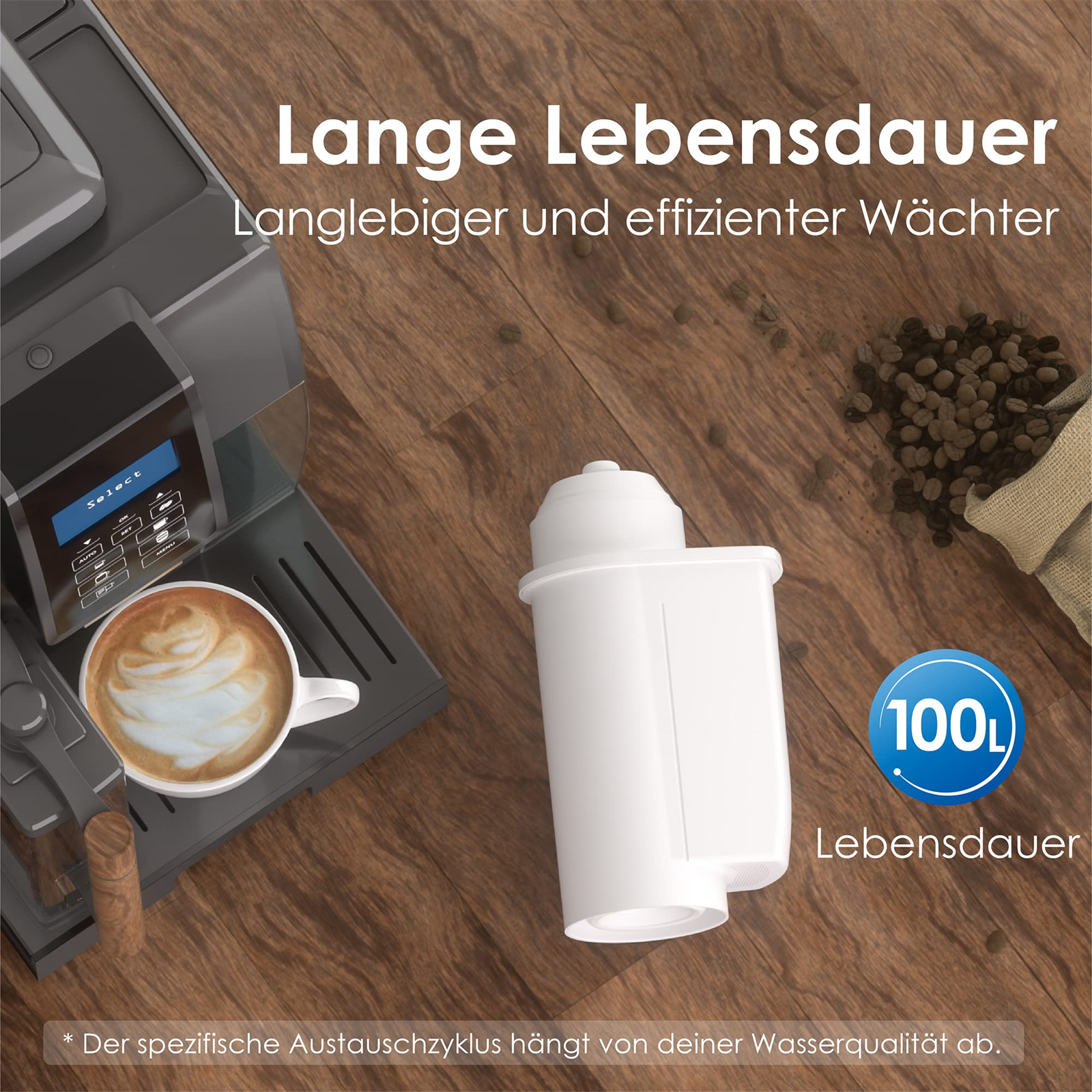 Eine Kaffeemaschine mit einer Tasse Kaffee und eine weiße Filterkartusche mit 100L Lebensdauer.