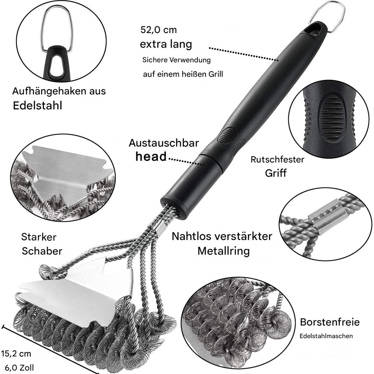 Eine Metallgrillbürste mit Abmessungen und beschrifteten Merkmalen.